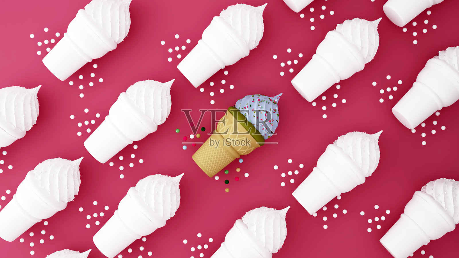 彩色冰淇淋在一个锥形在一个红色的背景- 3D渲染照片摄影图片