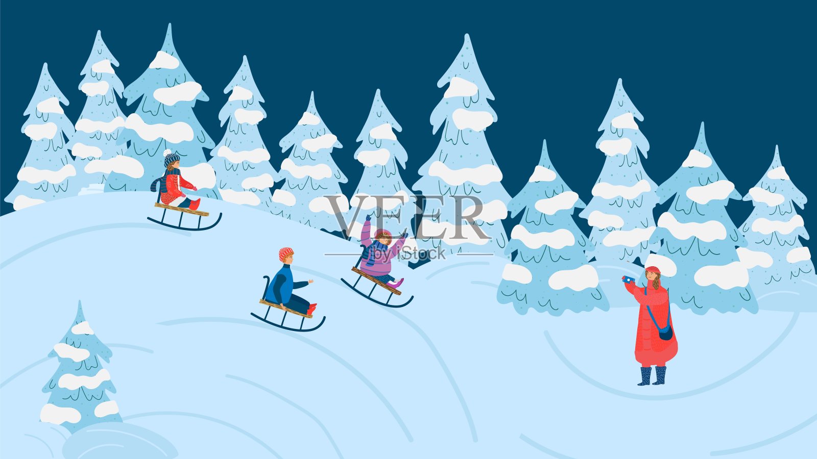 儿童雪橇在冬季森林，有趣的户外活动矢量插图插画图片素材
