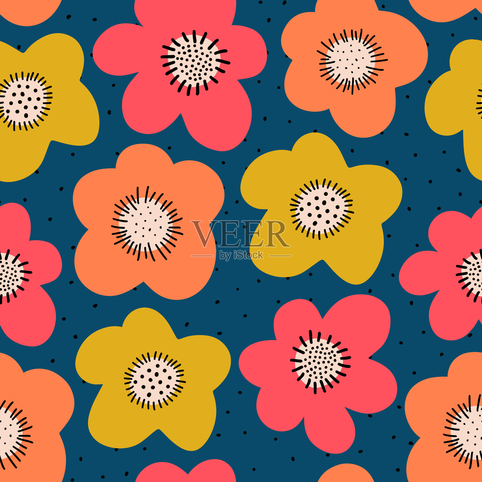 无缝的花朵图案。大胆的花斯堪的纳维亚平风格重复的背景。植物极简主义涂鸦花粉红色珊瑚橙色黄色在蓝色的背景。布料，家居装饰，夏天插画图片素材
