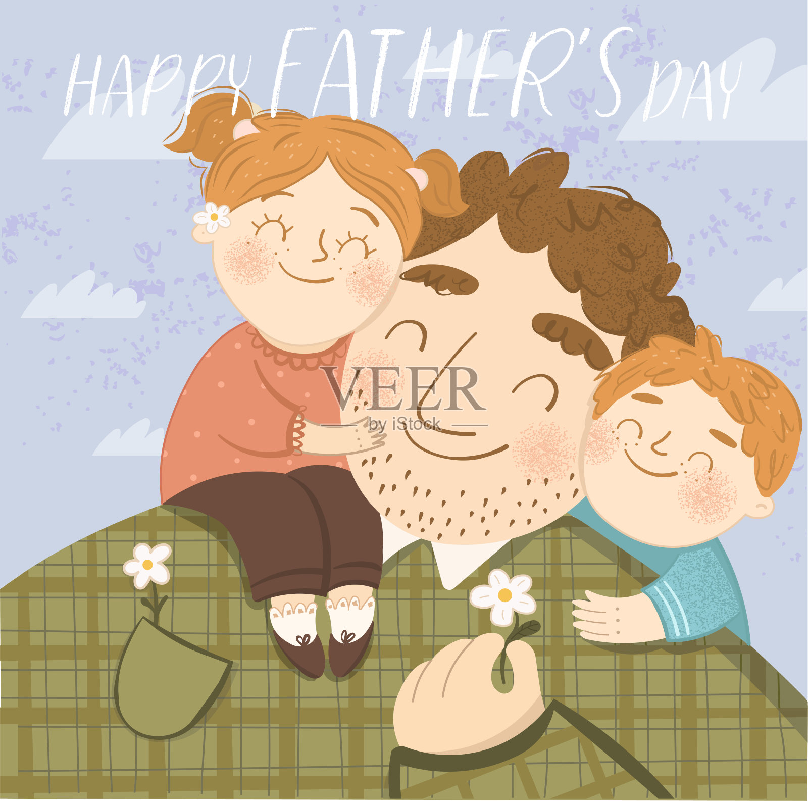 父亲节快乐!可爱的矢量插图的家庭肖像-爸爸和孩子(女儿和儿子)玩一个游戏的自然。为明信片、卡片或海报画画。设计元素图片