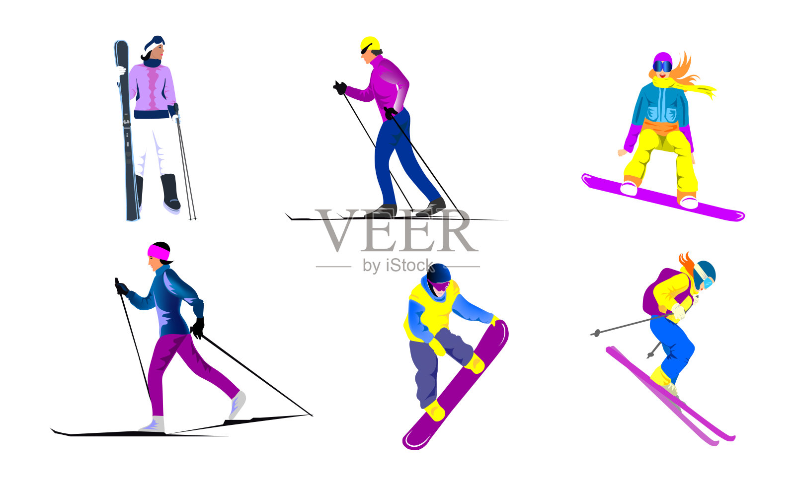 人们喜欢冬季运动，男人和女人滑雪和滑雪板。人平矢量插图集。穿着彩色运动服的男男女女。卡通人物。孤立的角色。设计元素图片