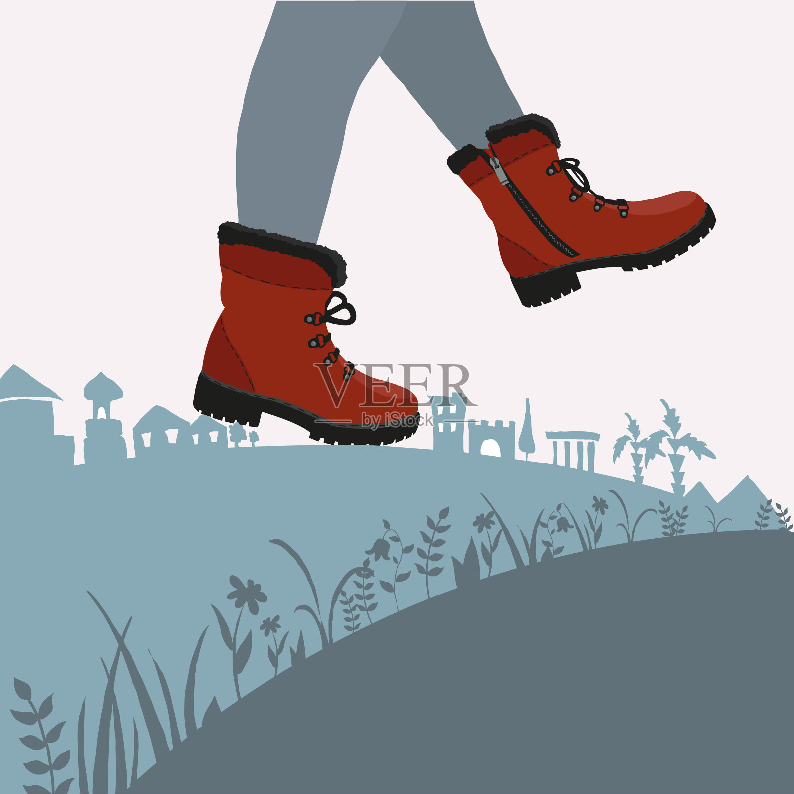 徒步旅行，沿着路走，舒适的运动鞋。矢量插图。旅行、冒险、自由、健康的理念插画图片素材