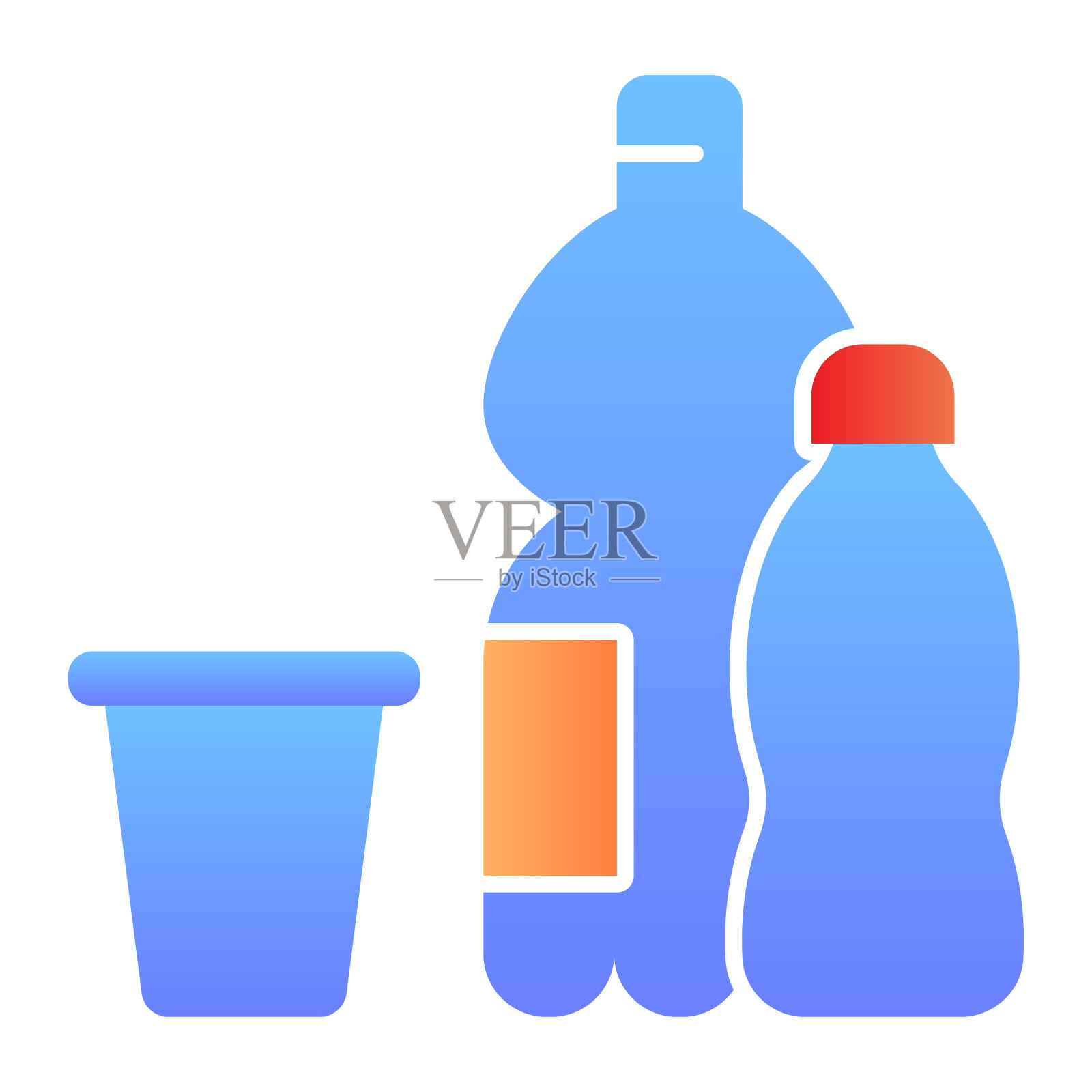 塑料制品平面图标。杯子和两个瓶子。零浪费设计理念，白色背景上象形渐变风格。矢量图形。插画图片素材