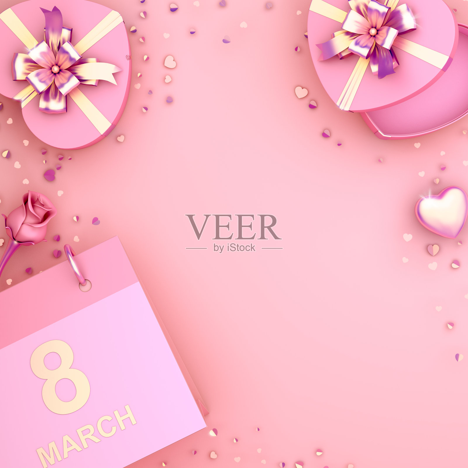 快乐国际妇女节创意贺卡，布局，模板，横幅，3月8日日历与心形礼盒，玫瑰花和五彩纸粉在粉红色的背景上闪闪发光。3 d演示。照片摄影图片