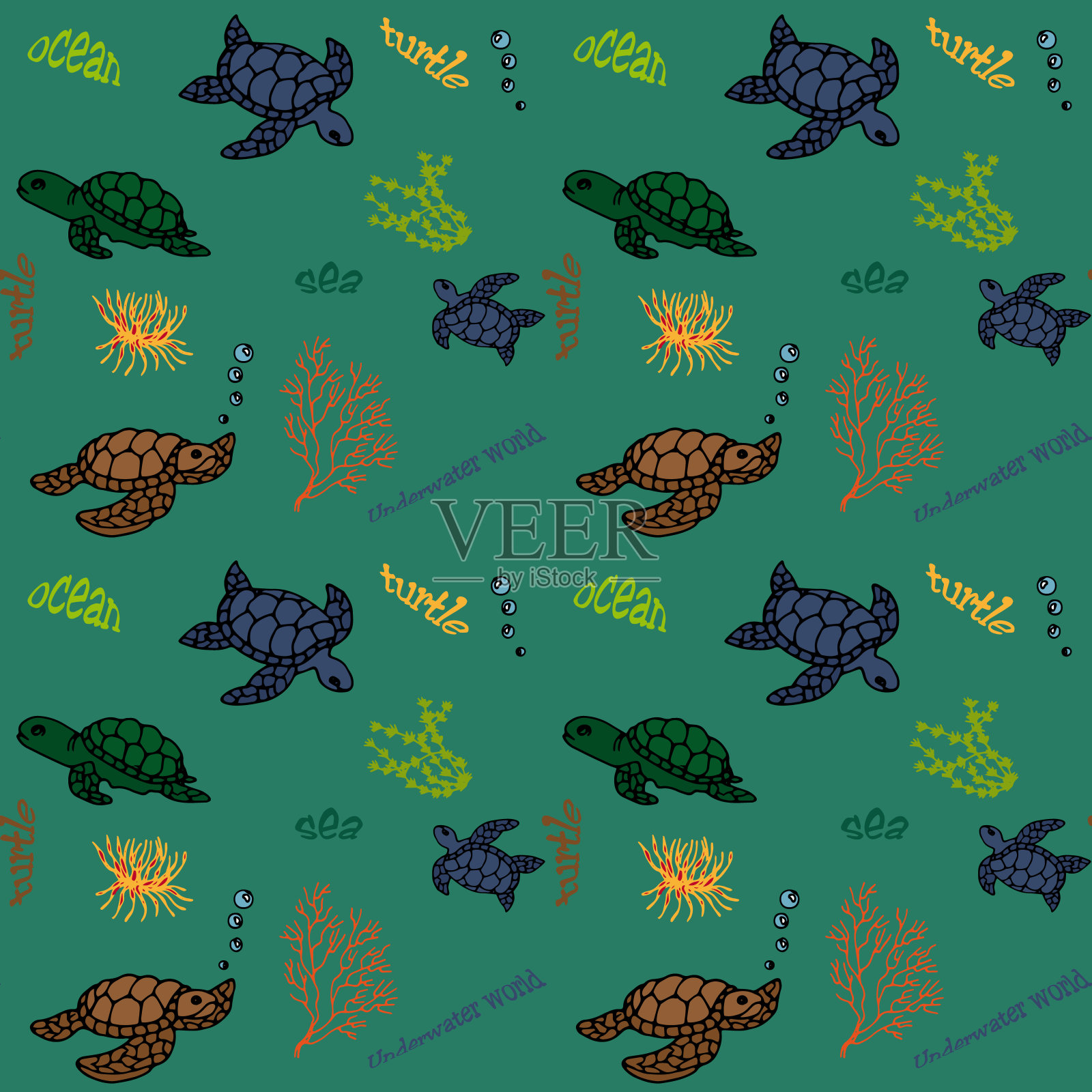 龟和藻类无缝图案。用于背景，织物上的打印，纸张等。插画图片素材