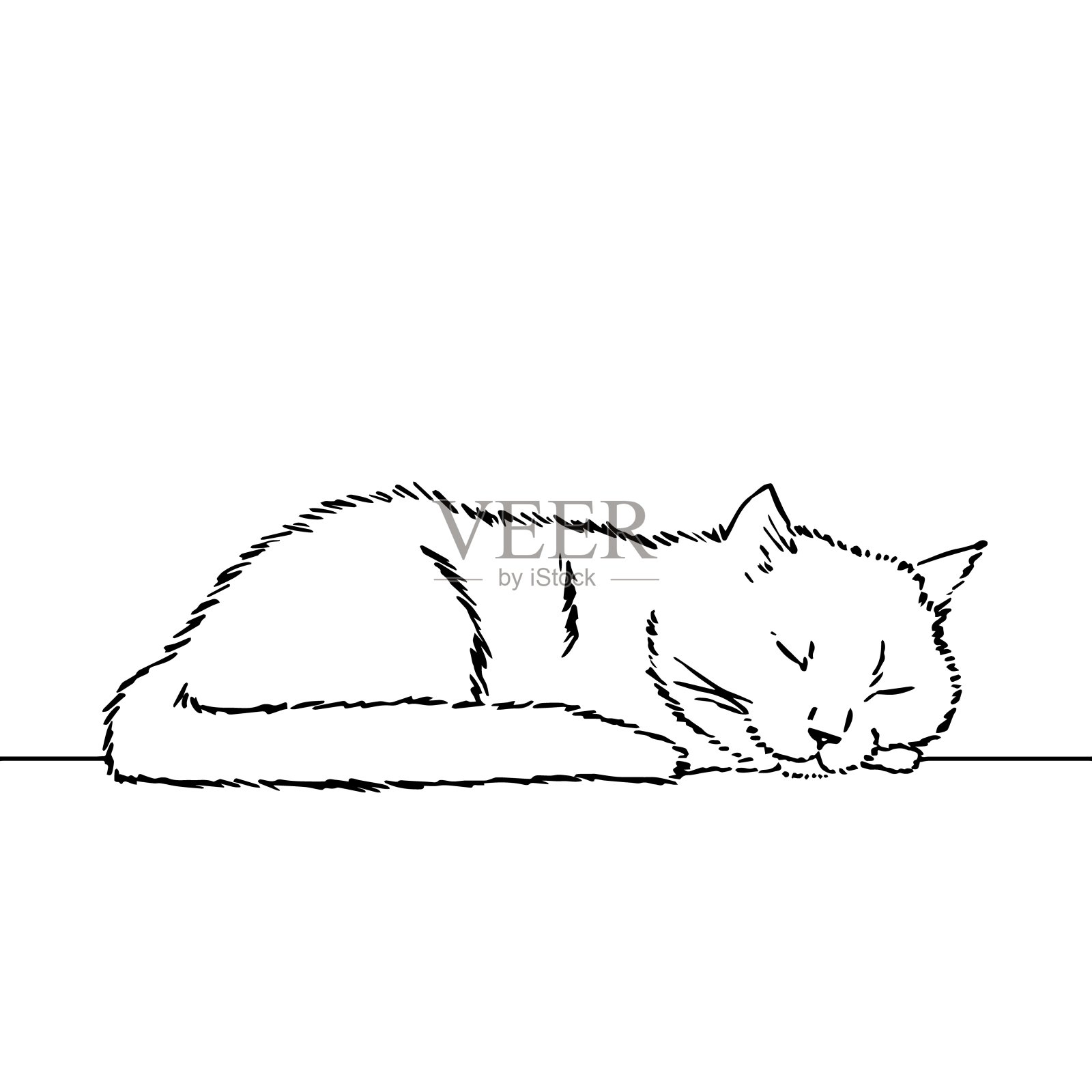画的是一只可爱的小猫，将头靠在爪子上休息。黑白插图的动物。动物的真实形象。矢量孤立的插图字符。线的艺术画插画图片素材
