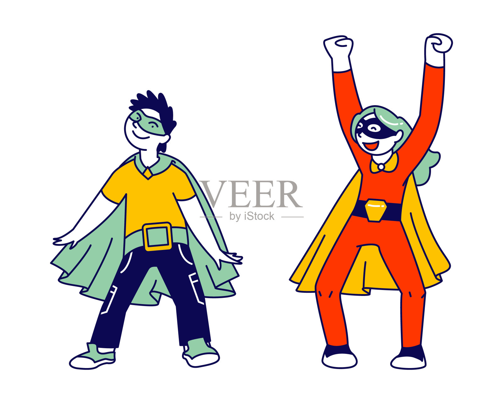 超级英雄的孩子们在一起玩，一起玩。穿着漫画服装和斗篷的儿童超级英雄人物准备赢。团结、领导力和成功。线性向量插图插画图片素材