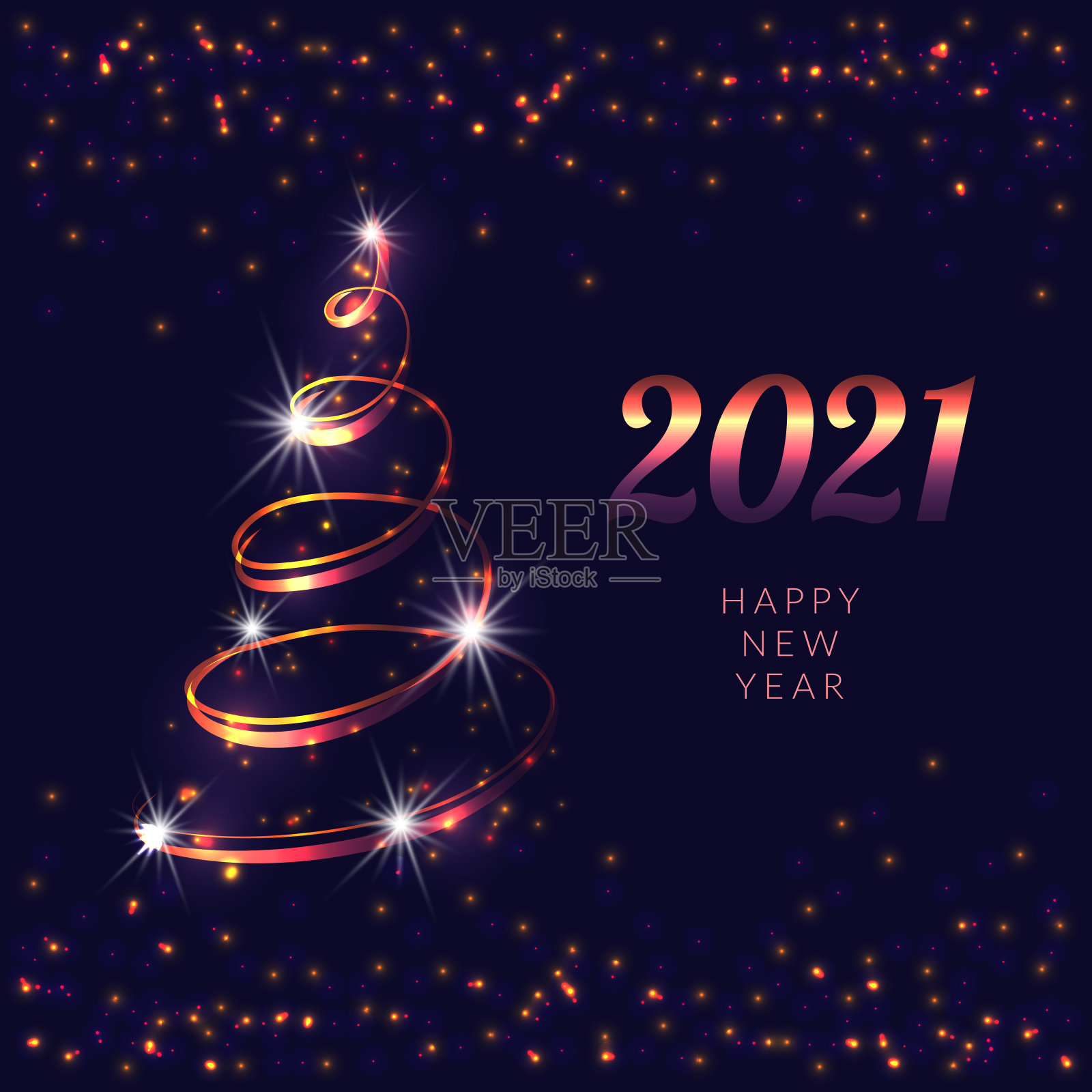 2021年新年快乐。假日矢量插图。金色的金属设计。2021年新年背景与圣诞树设计模板素材