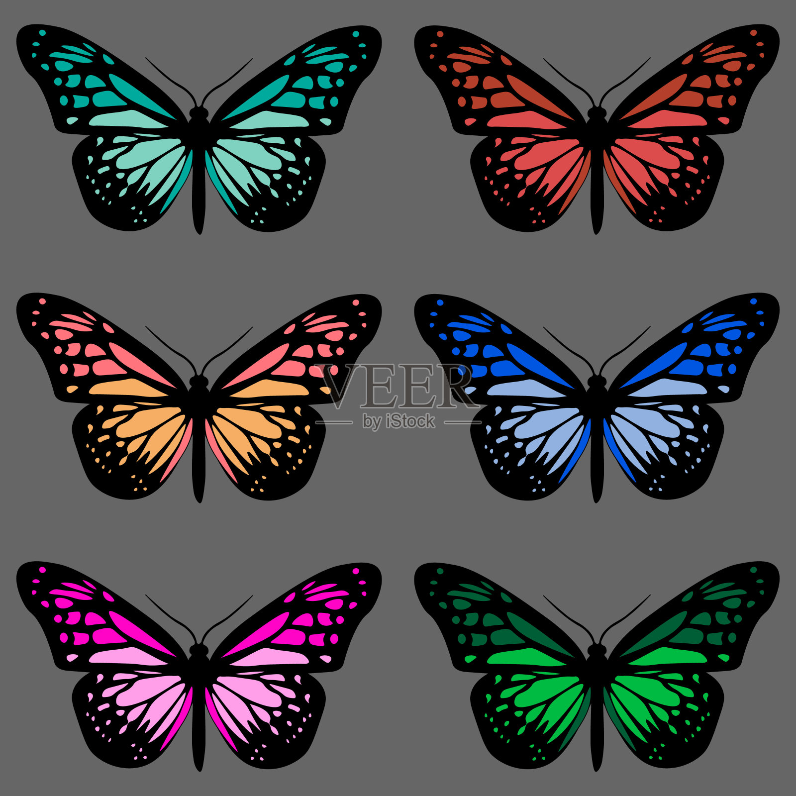 无缝模式与六个彩色蝴蝶在灰色的背景设计元素图片