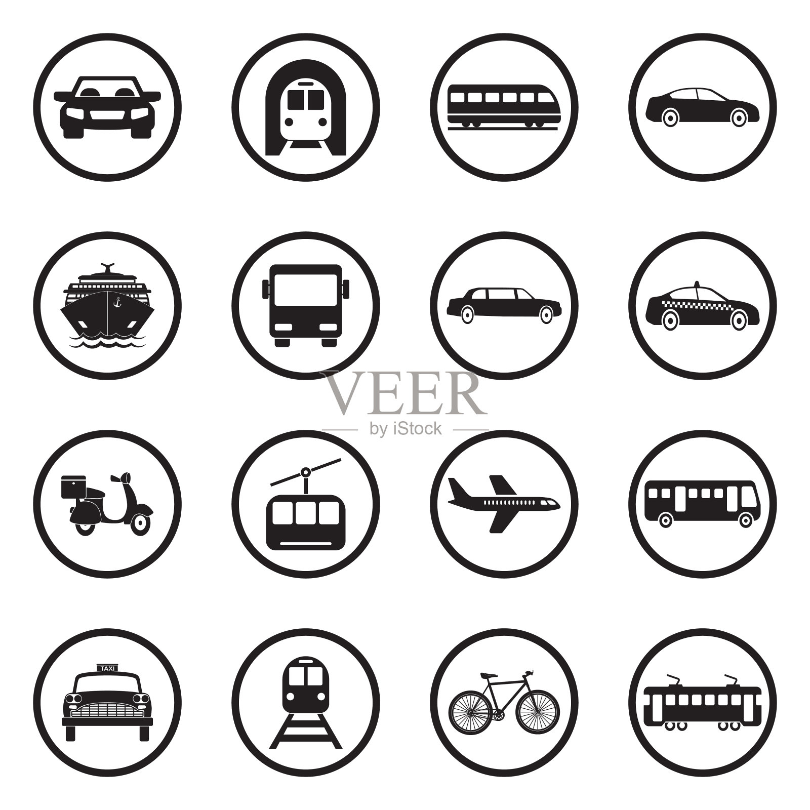 公共交通工具图标。圆形的黑色平面设计。矢量插图。设计元素图片