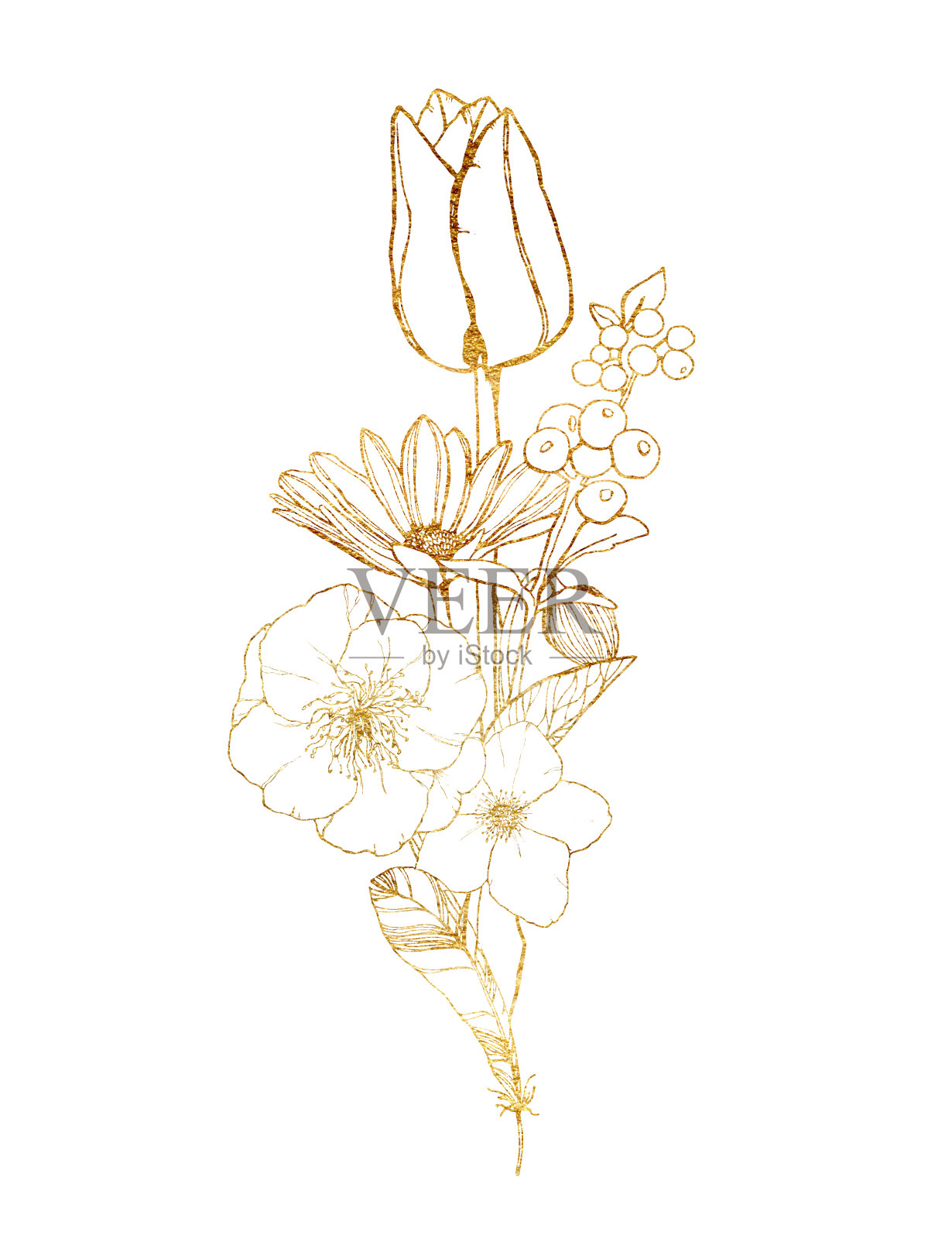水彩鲜花卡与金色的玫瑰，郁金香和银莲花。手绘的春天花孤立在白色的背景。插图设计，印刷，织物或背景。插画图片素材