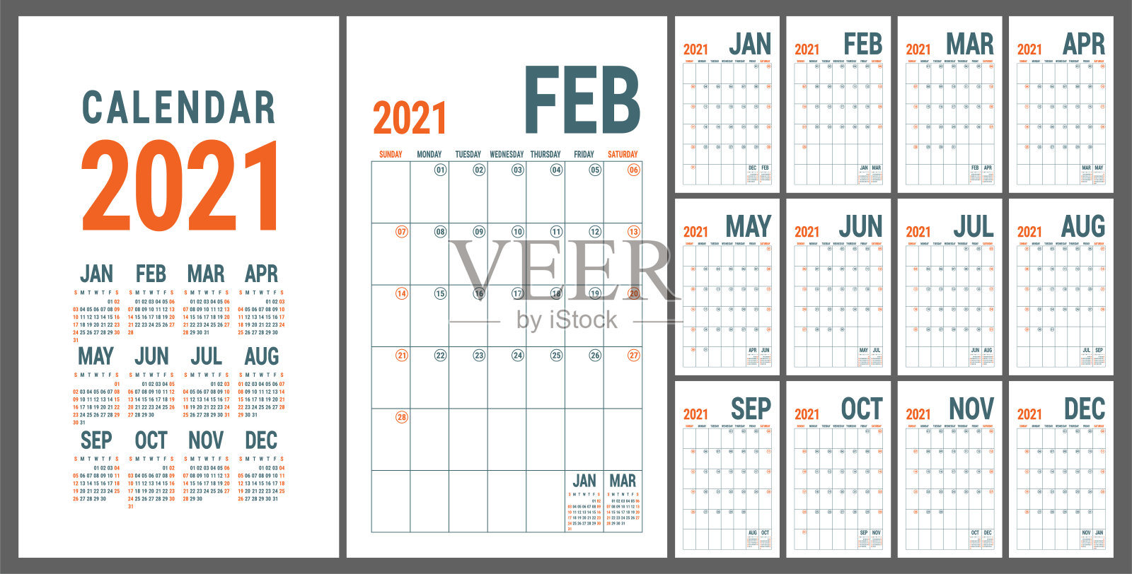 2021年日历。英语日历模板。矢量网格。办公室业务规划。创意设计设计模板素材