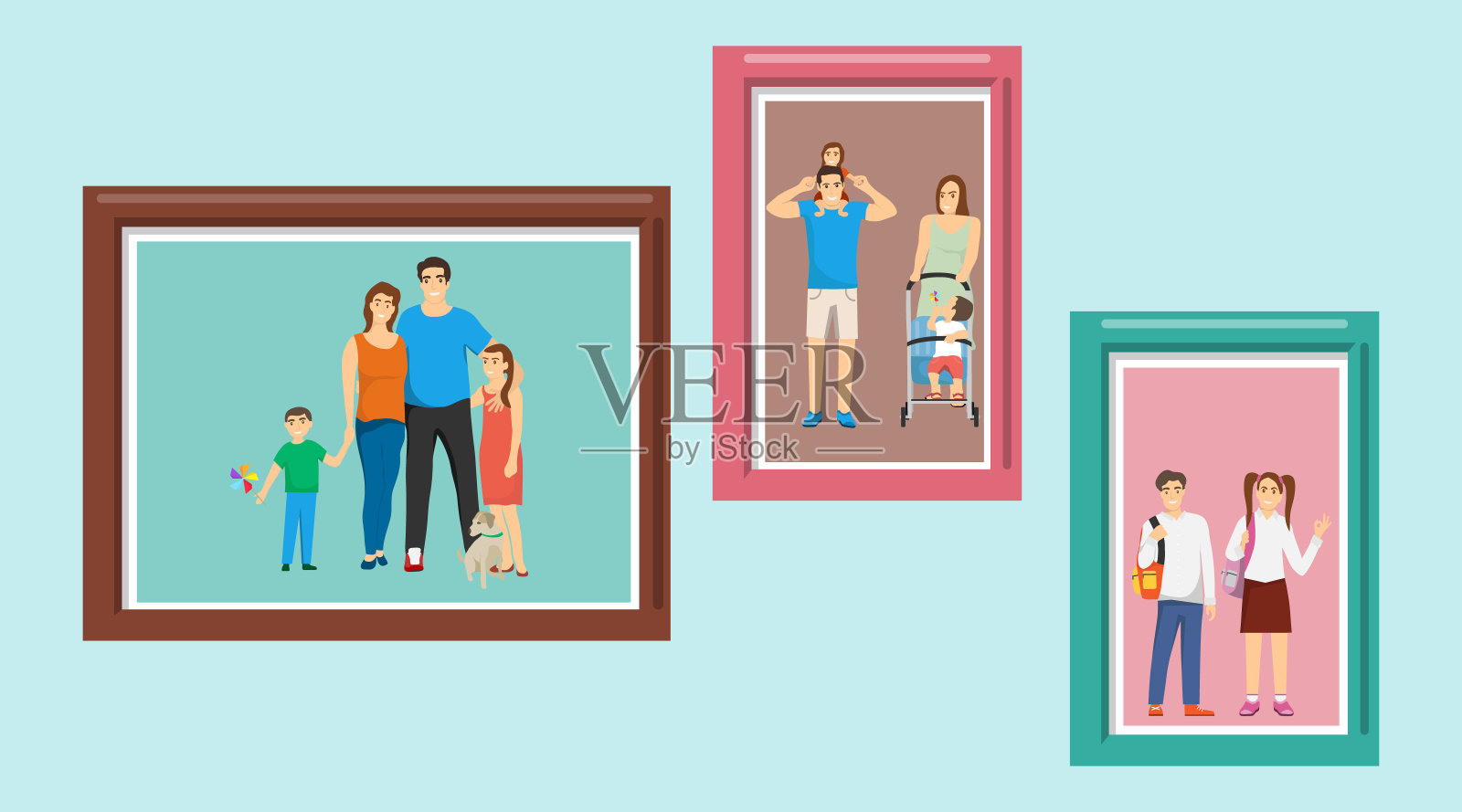 家庭照片挂在墙上。一组家庭照片挂在绿色的墙上。照片里的全家人。矢量插图。向量。插画图片素材