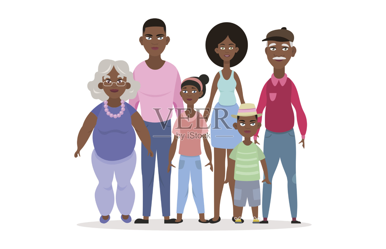 快乐的非裔美国人全家福。向量的人。父亲，母亲，祖母，祖父和孩子们。插画图片素材