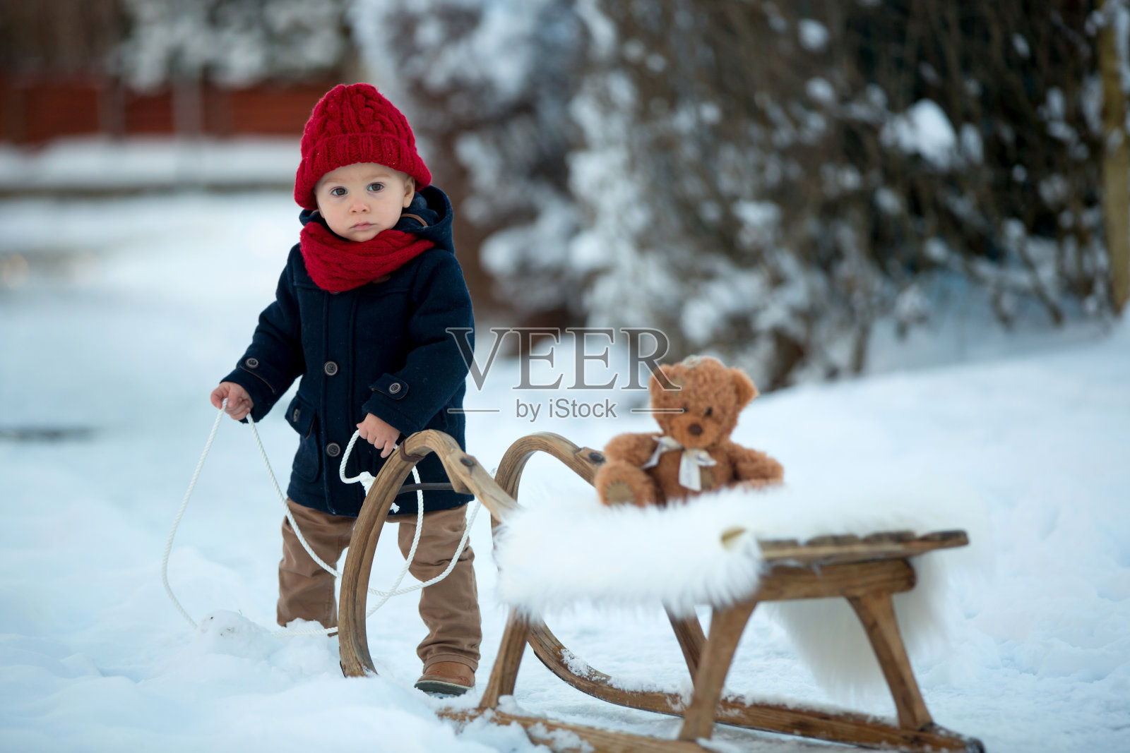 宝宝在雪地里玩泰迪熊，冬天的时候。穿着蓝色外套的蹒跚学步的小男孩，在雪橇上滑行，抱着泰迪熊，在冬季公园的户外玩耍照片摄影图片