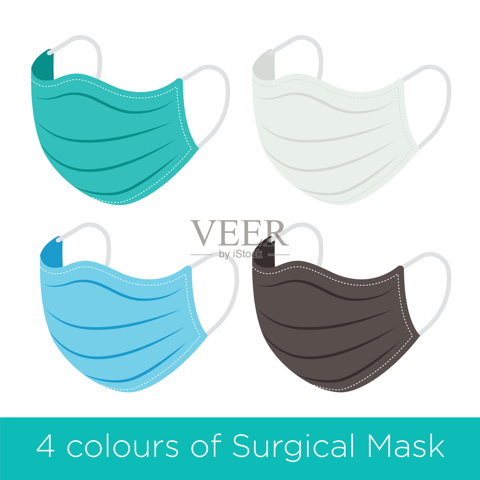一套四种不同颜色的外科防护口罩，预防冠状病毒。蓝色医用口罩，可预防流感及其他疾病插画图片素材