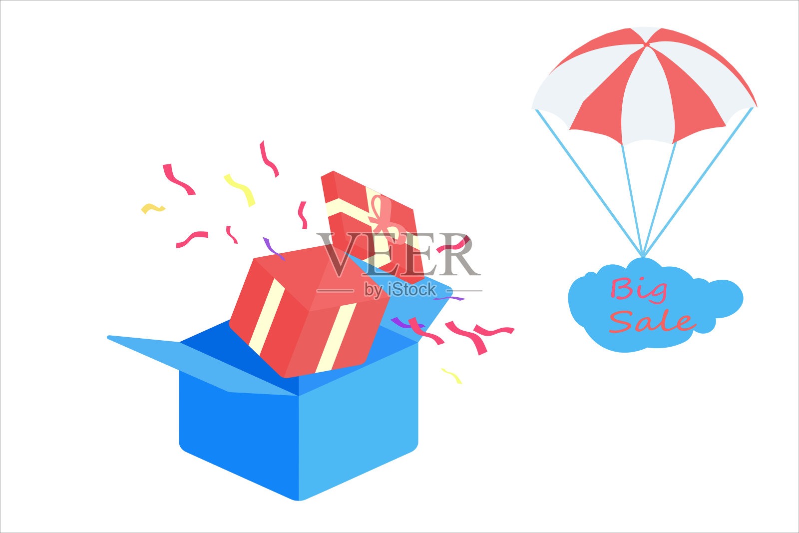 插图的五彩纸屑出来的惊喜礼物。滑翔机挂着蓝色的云与文字大减价。假日和节日季节概念。设计元素图片