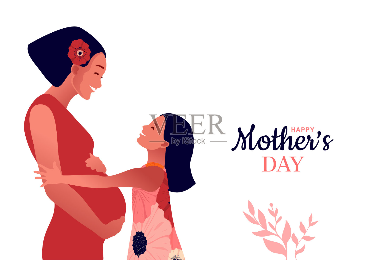 母亲节快乐。妈妈拥抱她的女儿。妈妈的爱插画图片素材