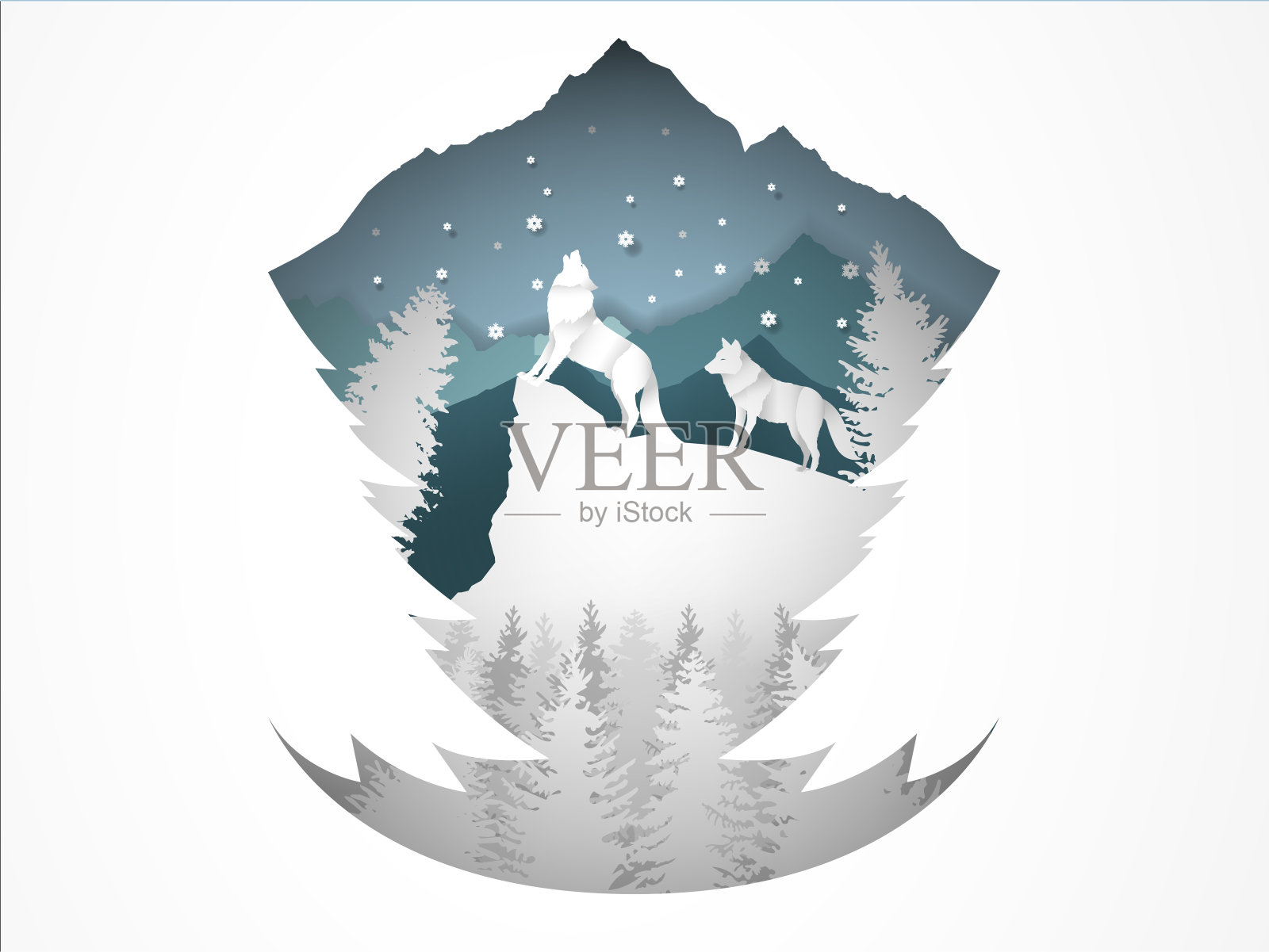 冬天，狼在白雪覆盖的森林里嚎叫设计元素图片