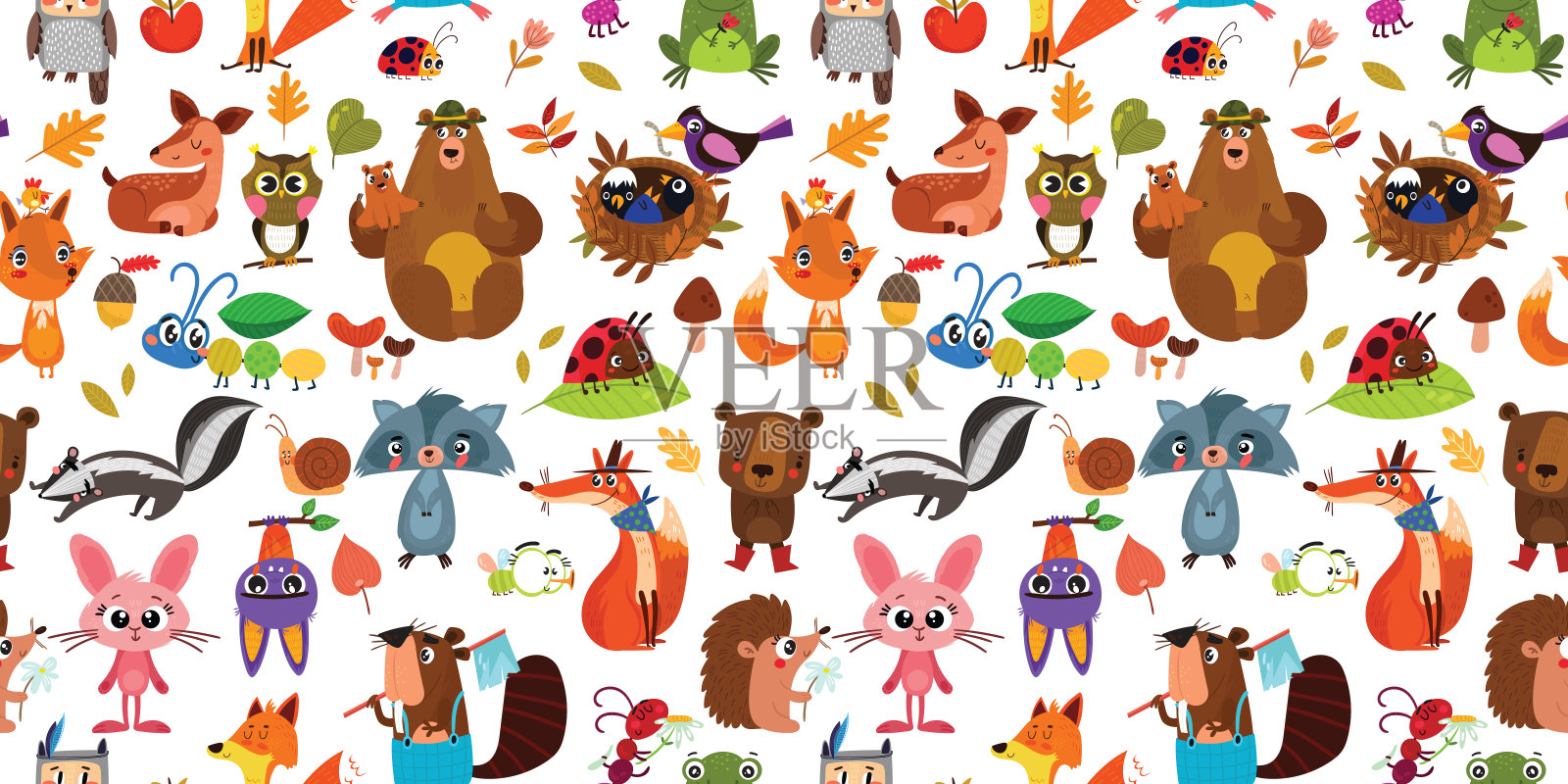 森林无缝图案与可爱的动物。彩色图案的旗帜，礼品包装纸，t恤，贺卡插画图片素材