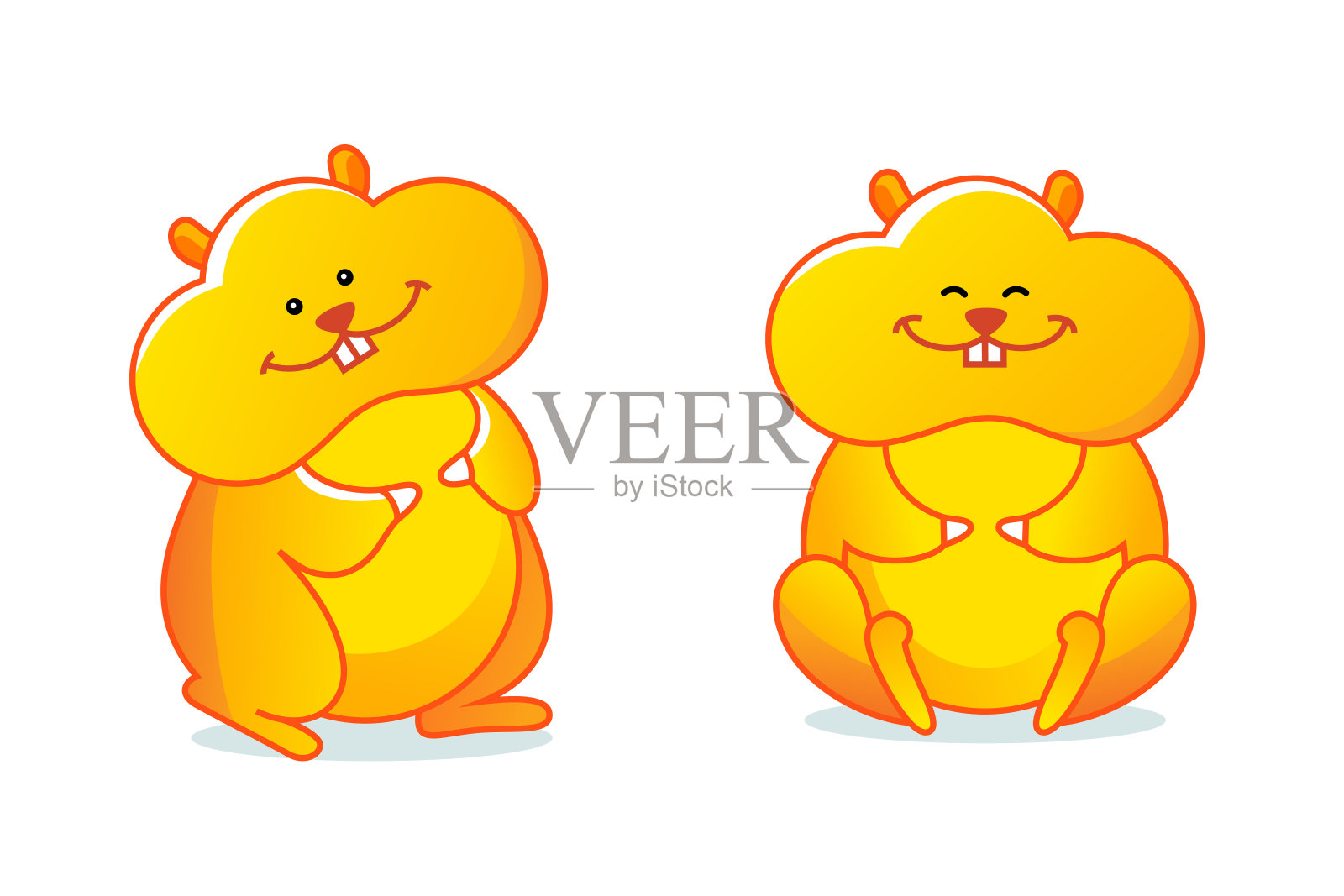 可爱的黄色仓鼠站和坐的姿势。正面微笑的卡通形象。插画图片素材