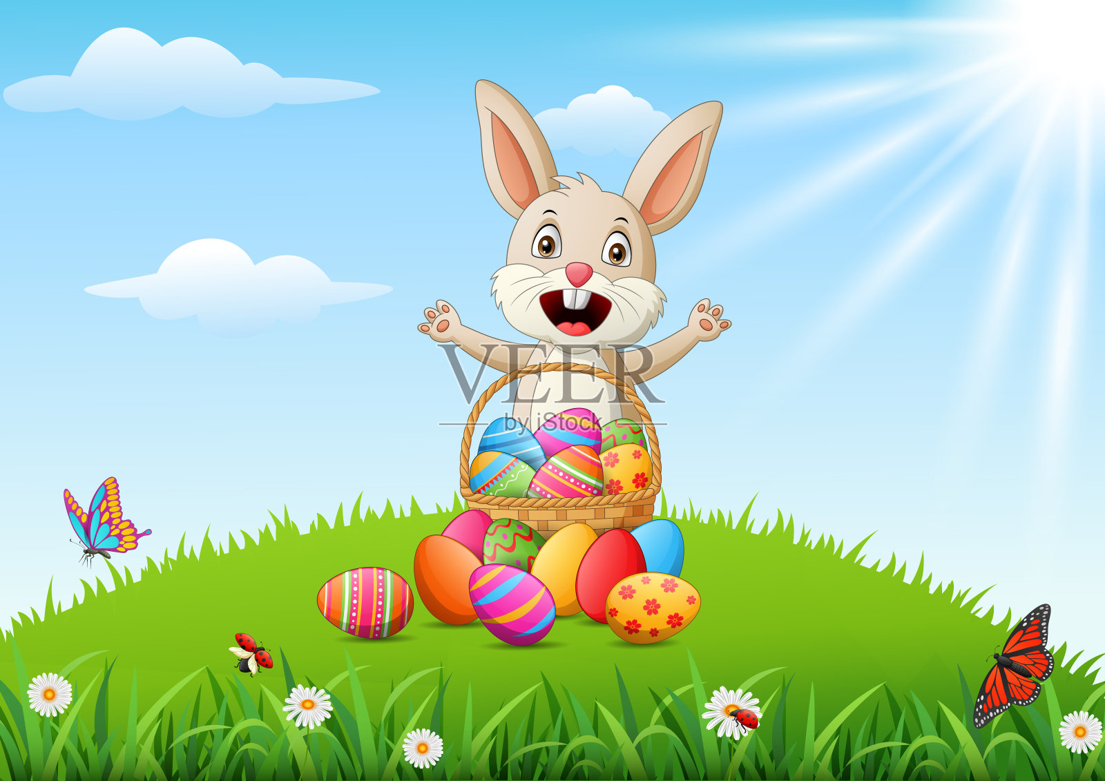 复活节背景有装饰复活节彩蛋、复活节彩蛋篮子和滑稽的兔子插画图片素材