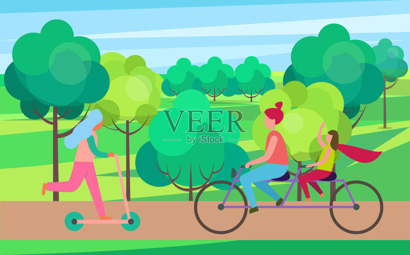 母亲女儿骑自行车在树公园向量插画图片素材