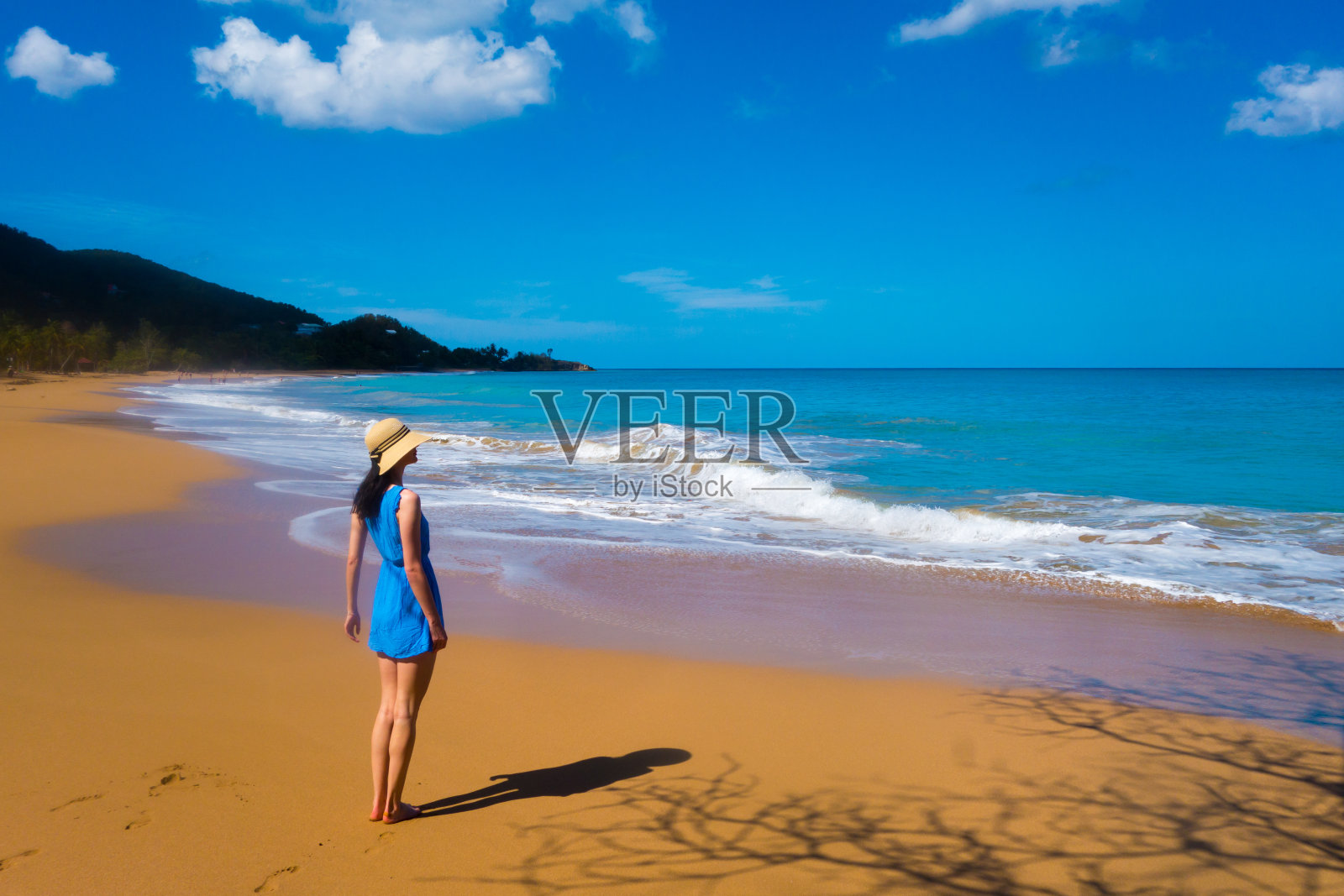 在瓜德罗普的加勒比海滩上，穿着蓝色裙子，戴着帽子的高个子女孩看着蓝色的大海照片摄影图片