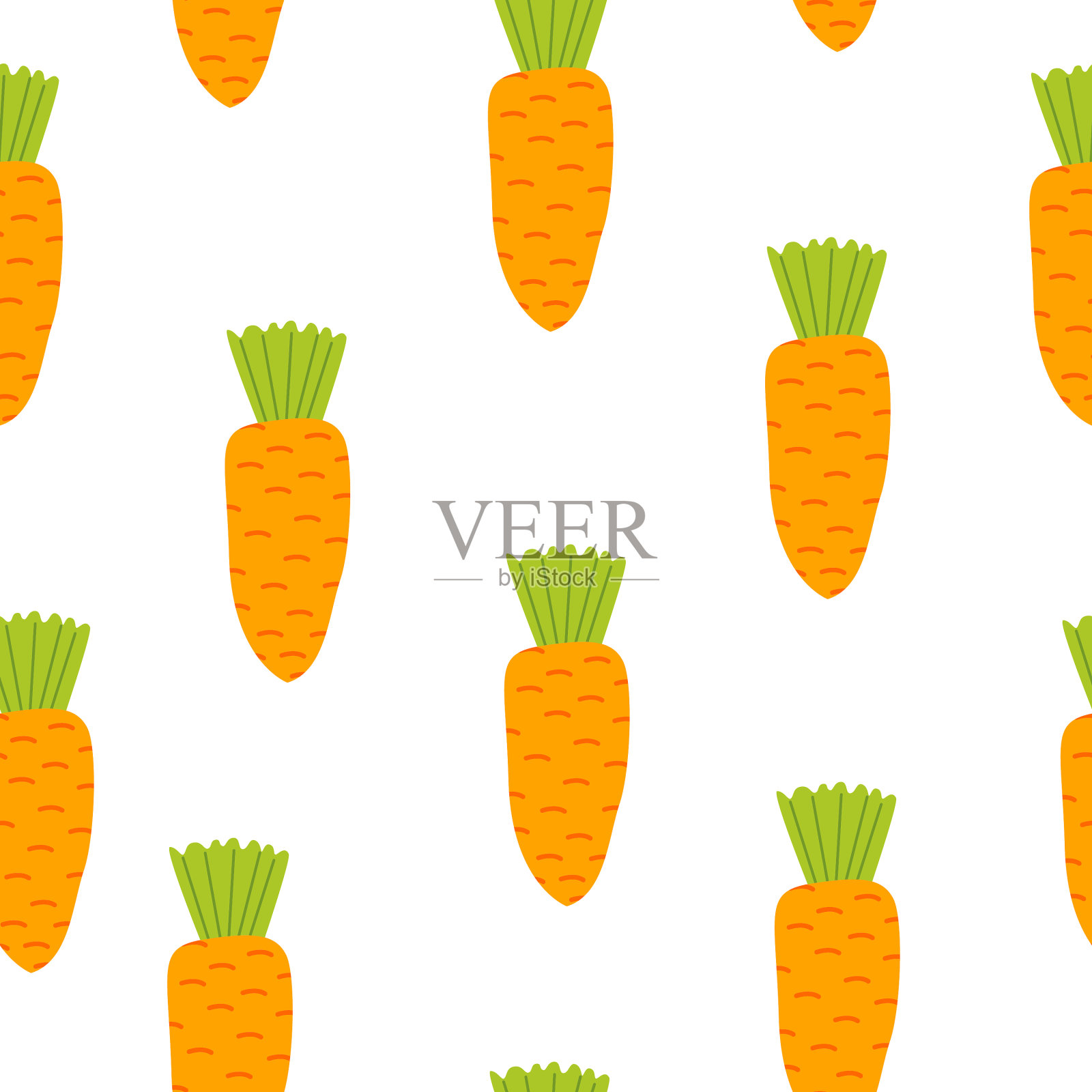 橙色胡萝卜和绿色叶子的无缝图案。简单的平面卡通风格。可爱和有趣。复活节兔子的食物。为孩子。对孩子们。用于纺织、墙纸、剪贴簿和包装纸插画图片素材