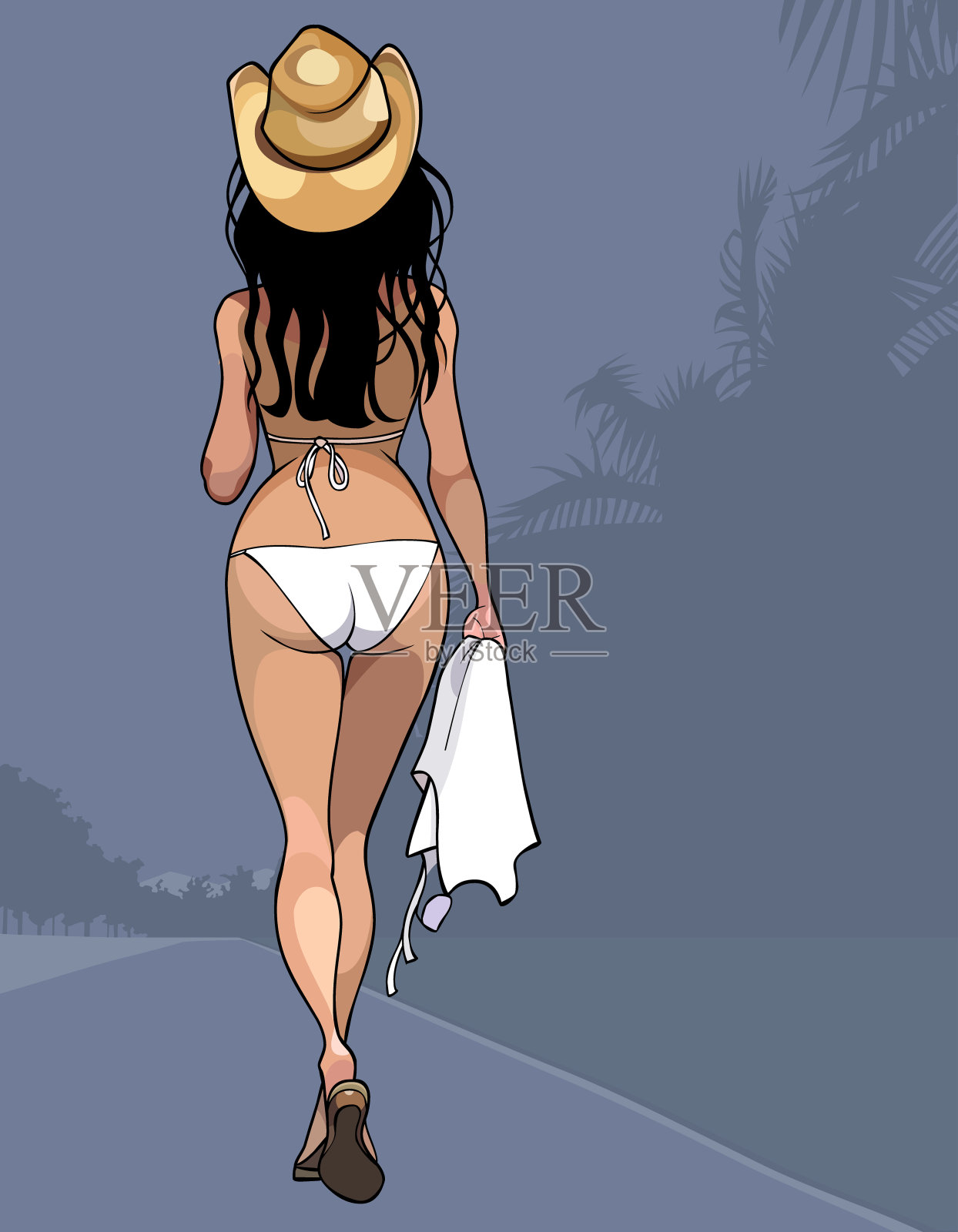 卡通女人穿着泳衣和帽子在热带行走插画图片素材