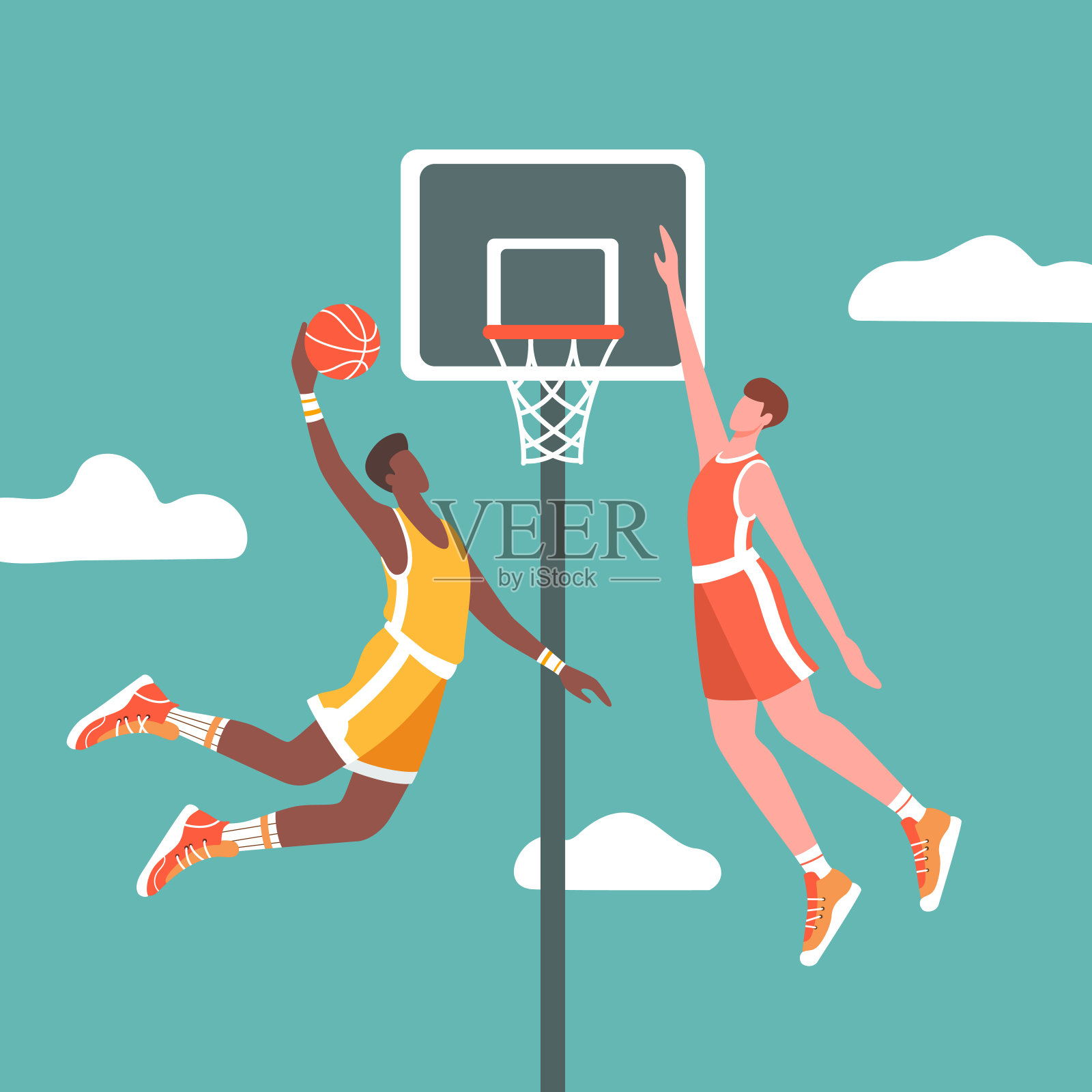 两名篮球运动员在比赛中进行比赛。一名运动员把球投进篮里。平面向量插图。插画图片素材