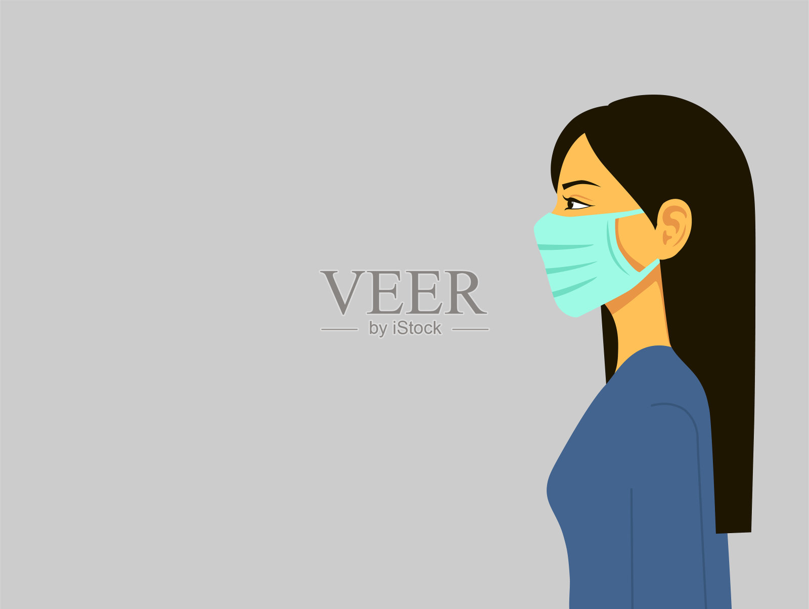 新型冠状病毒2019-nCoV，妇女在蓝色医疗口罩。插画图片素材