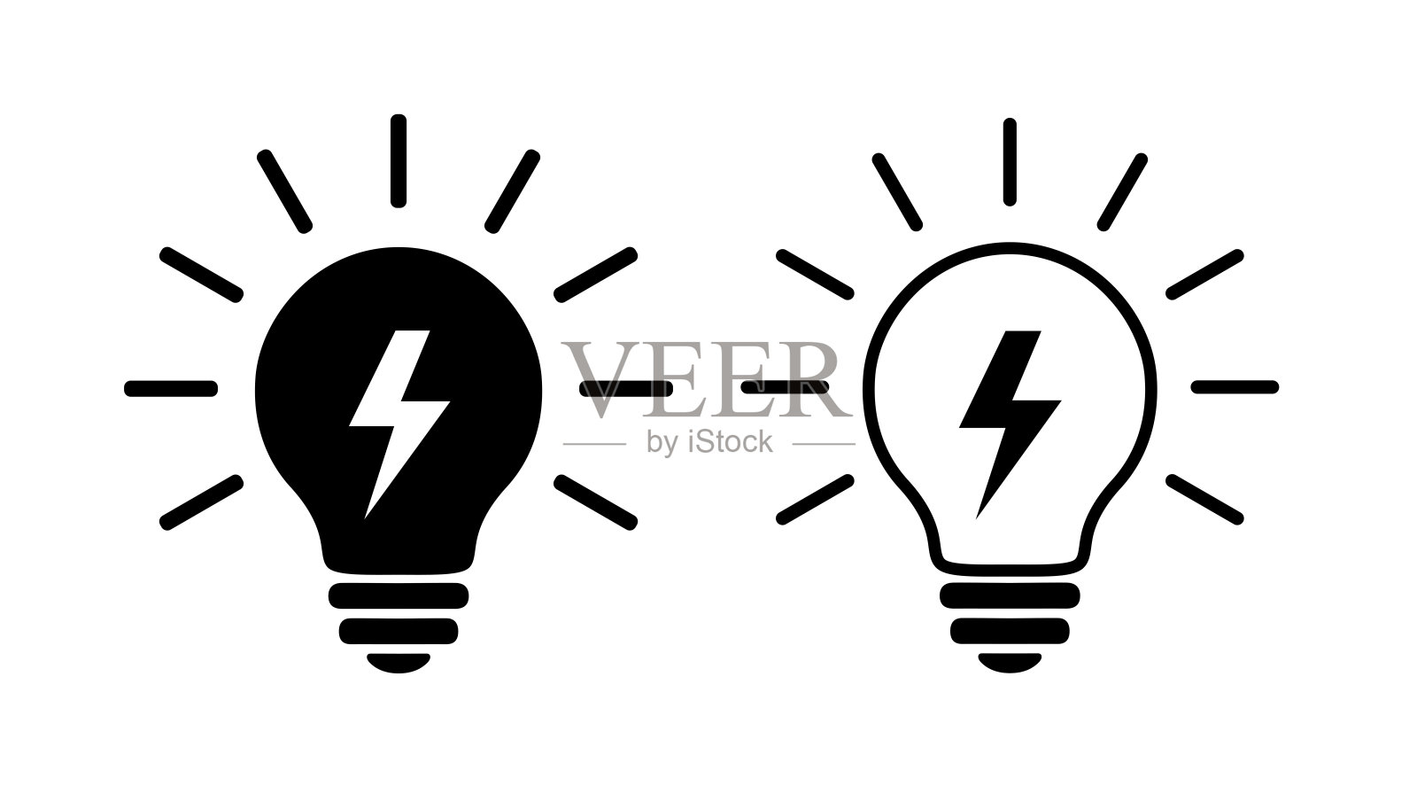 两个灯泡平图标，黑色和线性。里面有闪电和光线的照明电灯，简单的象形文字。设计元素图片