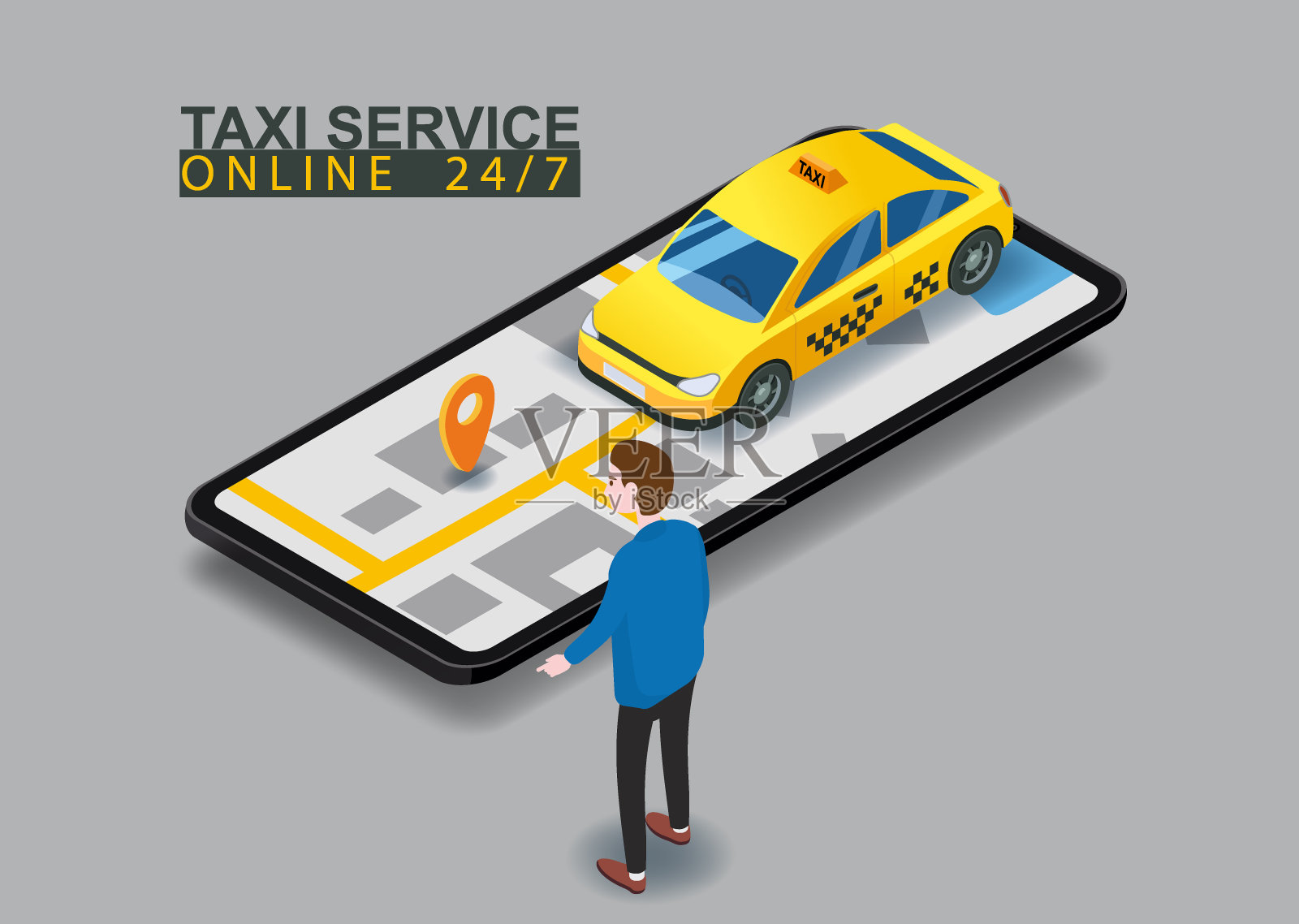 出租车服务等距。男子在智能手机屏幕附近用地图标出城市路线，并点出黄色汽车的位置。在线移动应用订车服务。矢量插图为出租车服务广告，推广插画图片素材