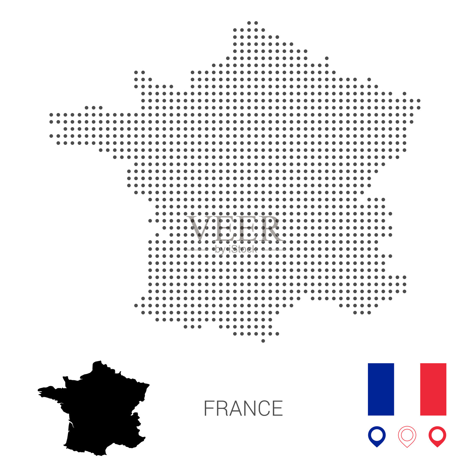 虚线矢量地图的法国。圆形灰色斑点。法国地图与国旗和地图图标插画图片素材