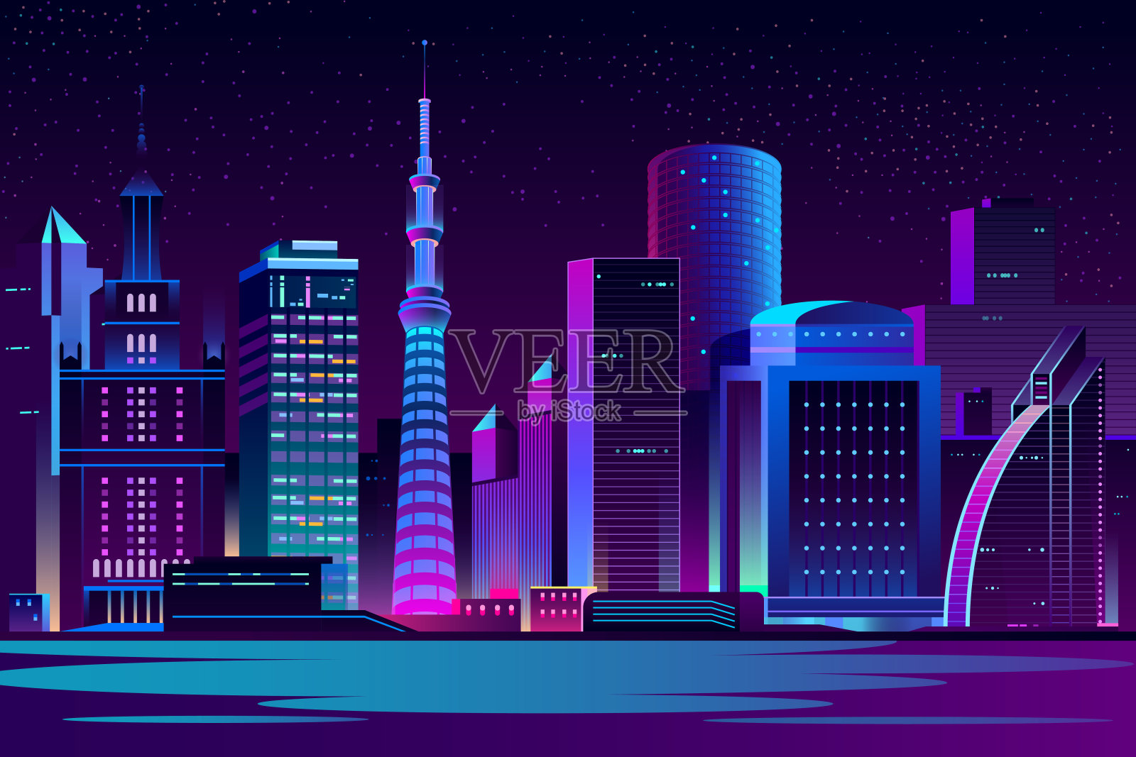 夜城市未来的景观矢量背景插画图片素材