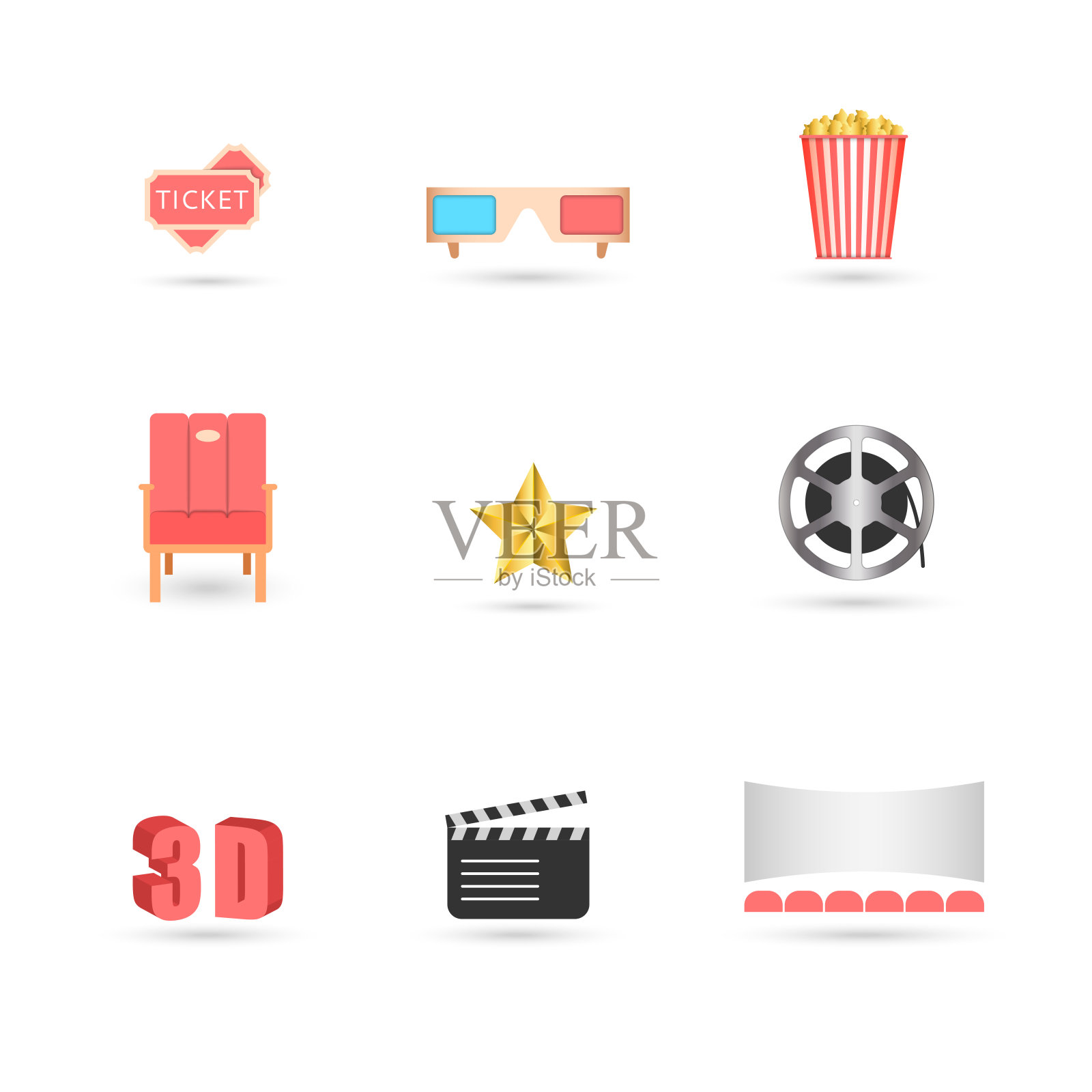 电影图标设置电影网站创意3d符号与阴影半色调的颜色图标素材