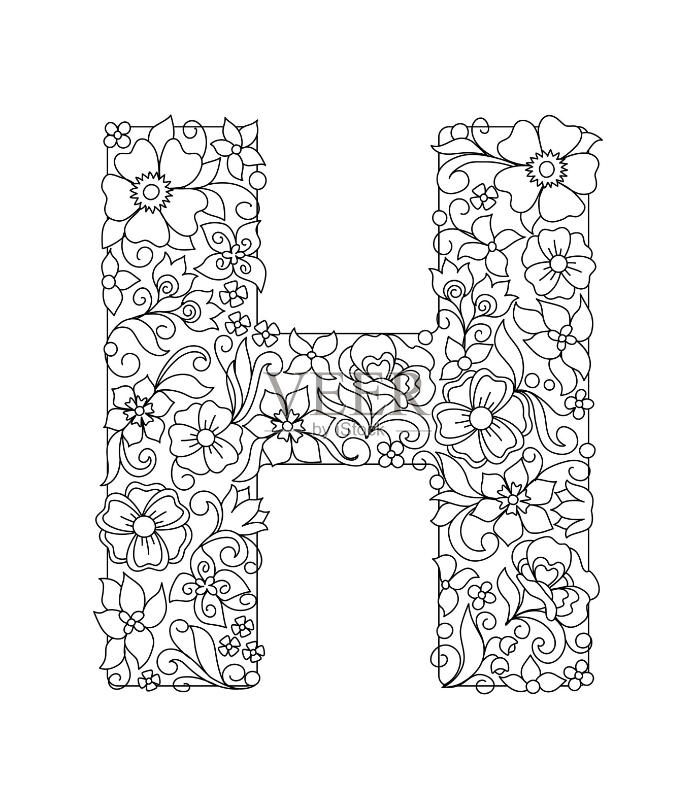 大写字母H与抽象的花图案设计元素图片