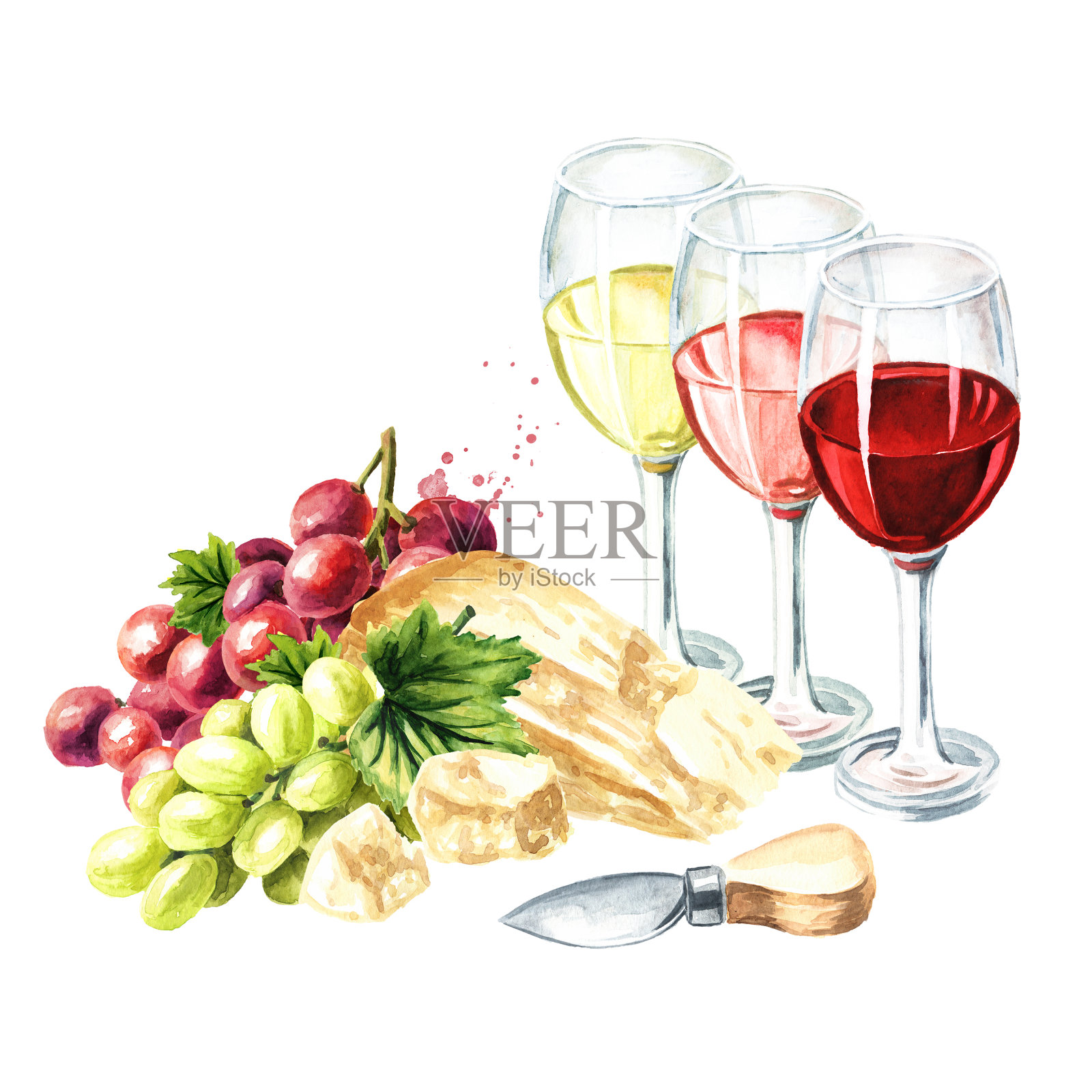 白葡萄酒配葡萄和帕尔马干酪。手绘水彩插图，孤立的白色背景插画图片素材