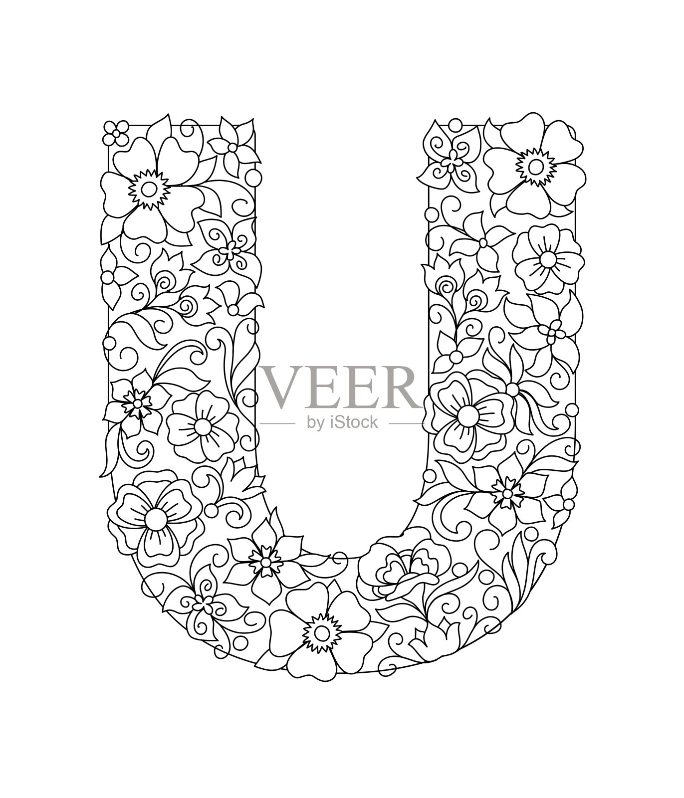 大写字母U图案与抽象的花设计元素图片