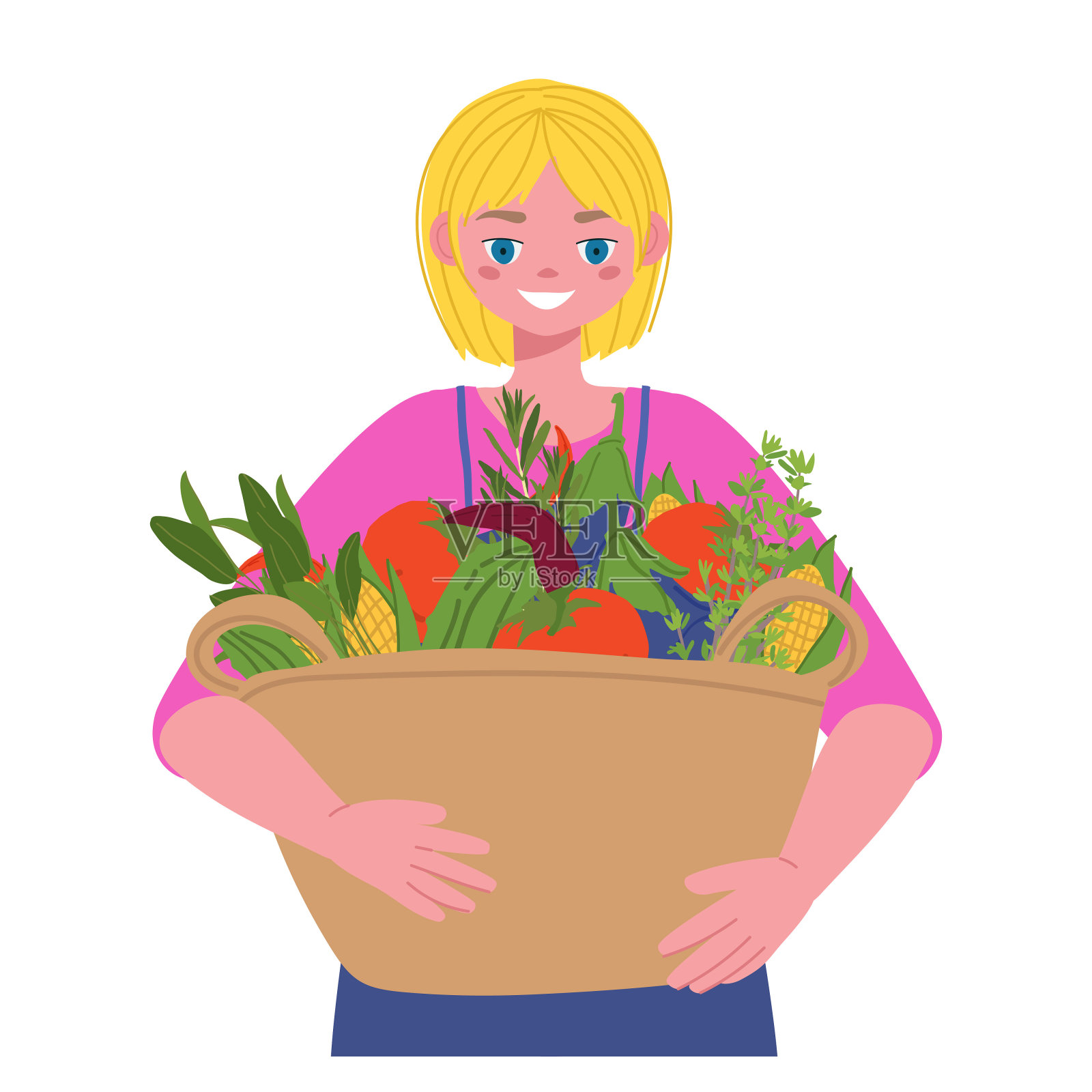 一个面带微笑的农家女孩，手里拿着一篮子蔬菜和青菜。卡通人物矢量插图。设计元素图片