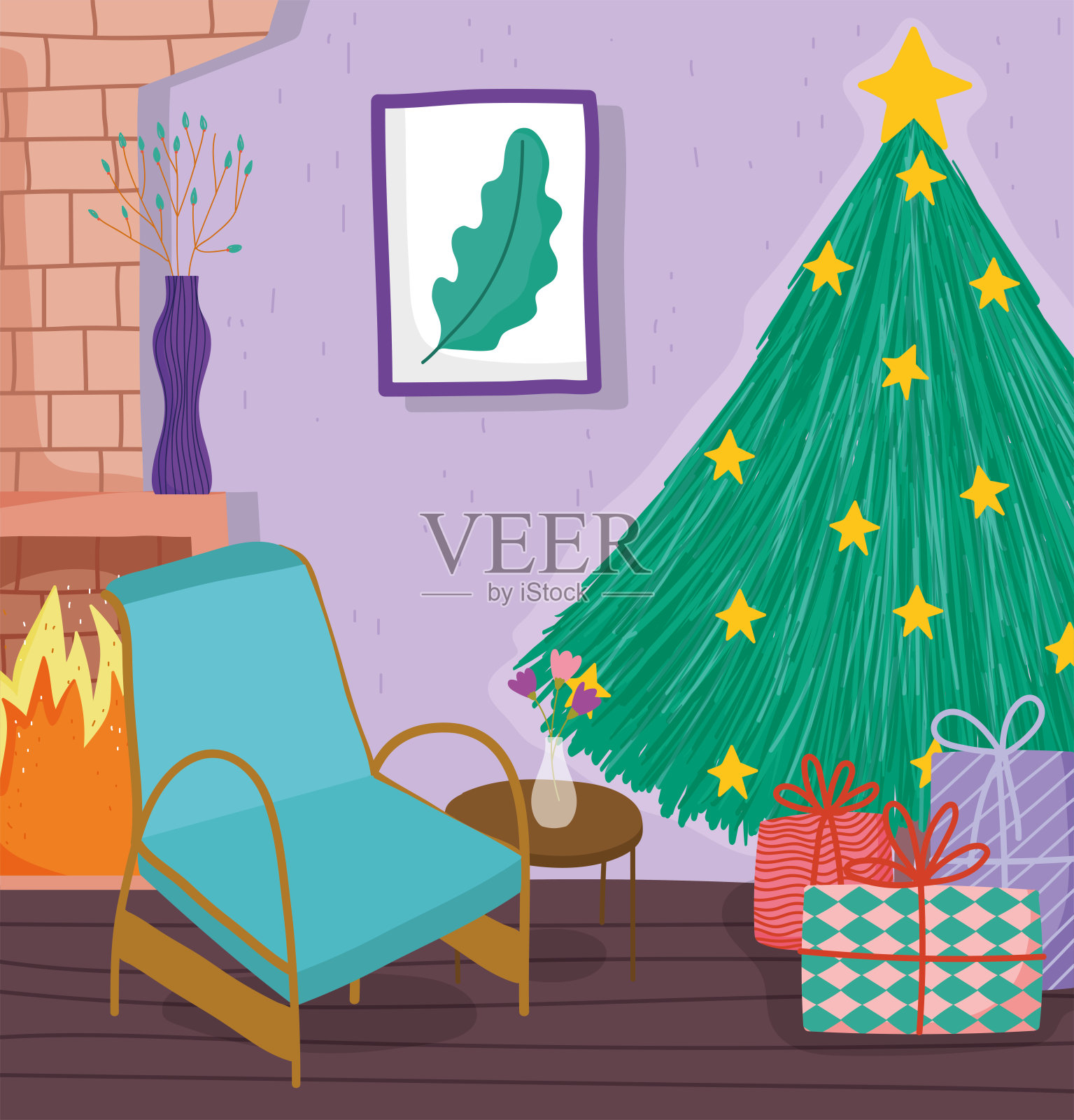 圣诞树家星星礼物椅子烟囱和图片插画图片素材