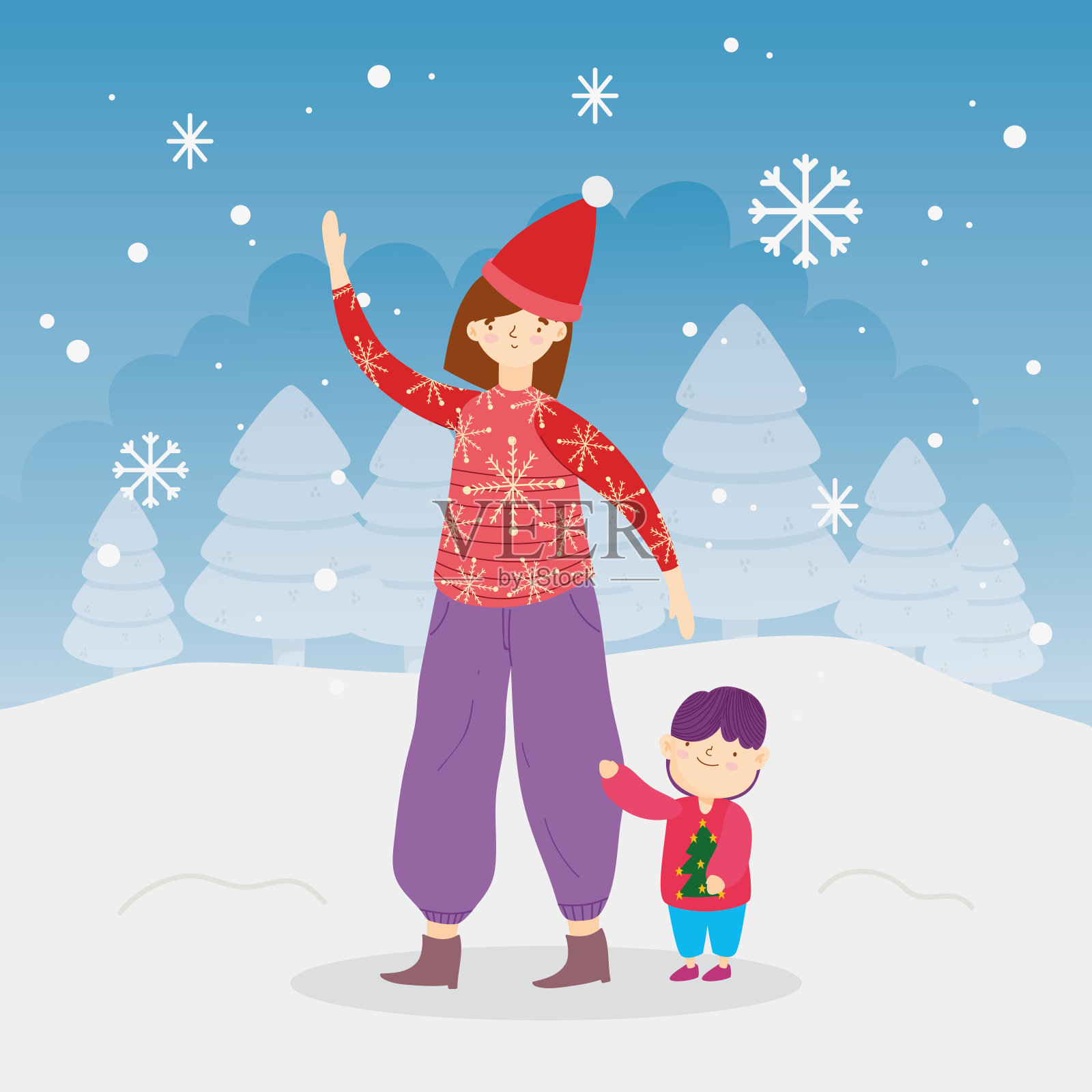 圣诞快乐，妈妈和儿子树下雪雪花户外插画图片素材