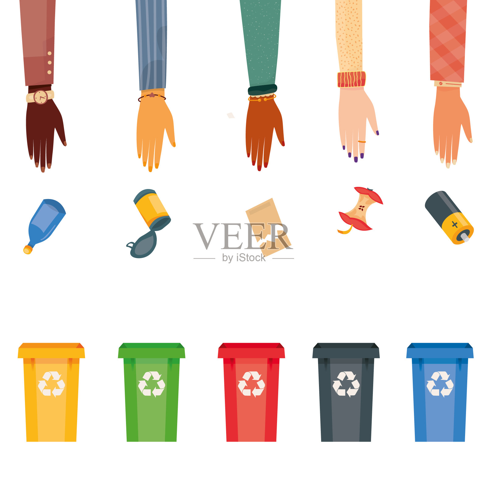 现代矢量插图的彩色垃圾容器分开分类的垃圾。可回收不同类型废物的垃圾箱。塑料，金属，纸，有机，电子。孤立在白色设计元素图片
