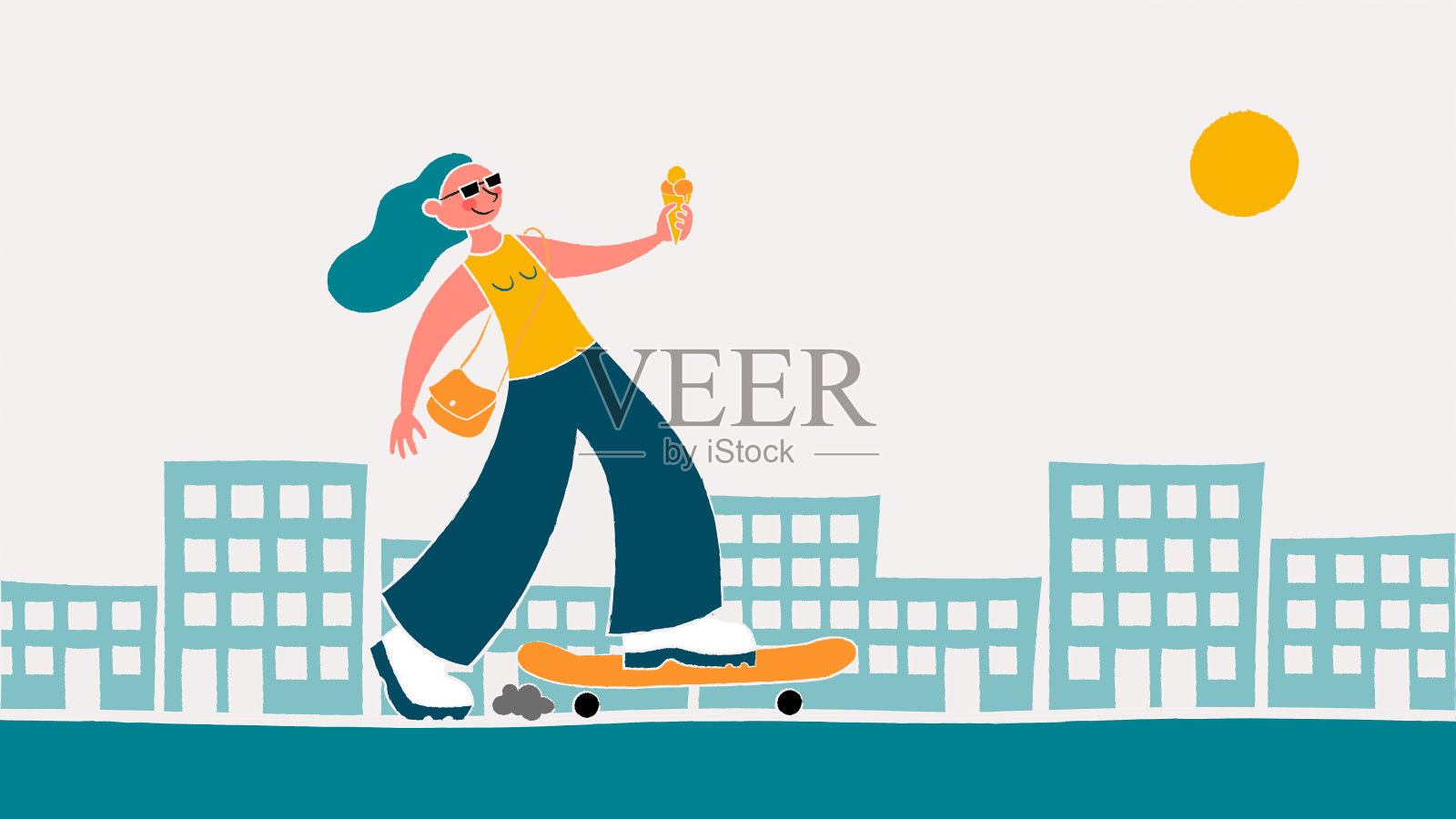 女孩或女人在滑板与冰淇淋圆锥溜冰通过城市景观全景插图插画图片素材