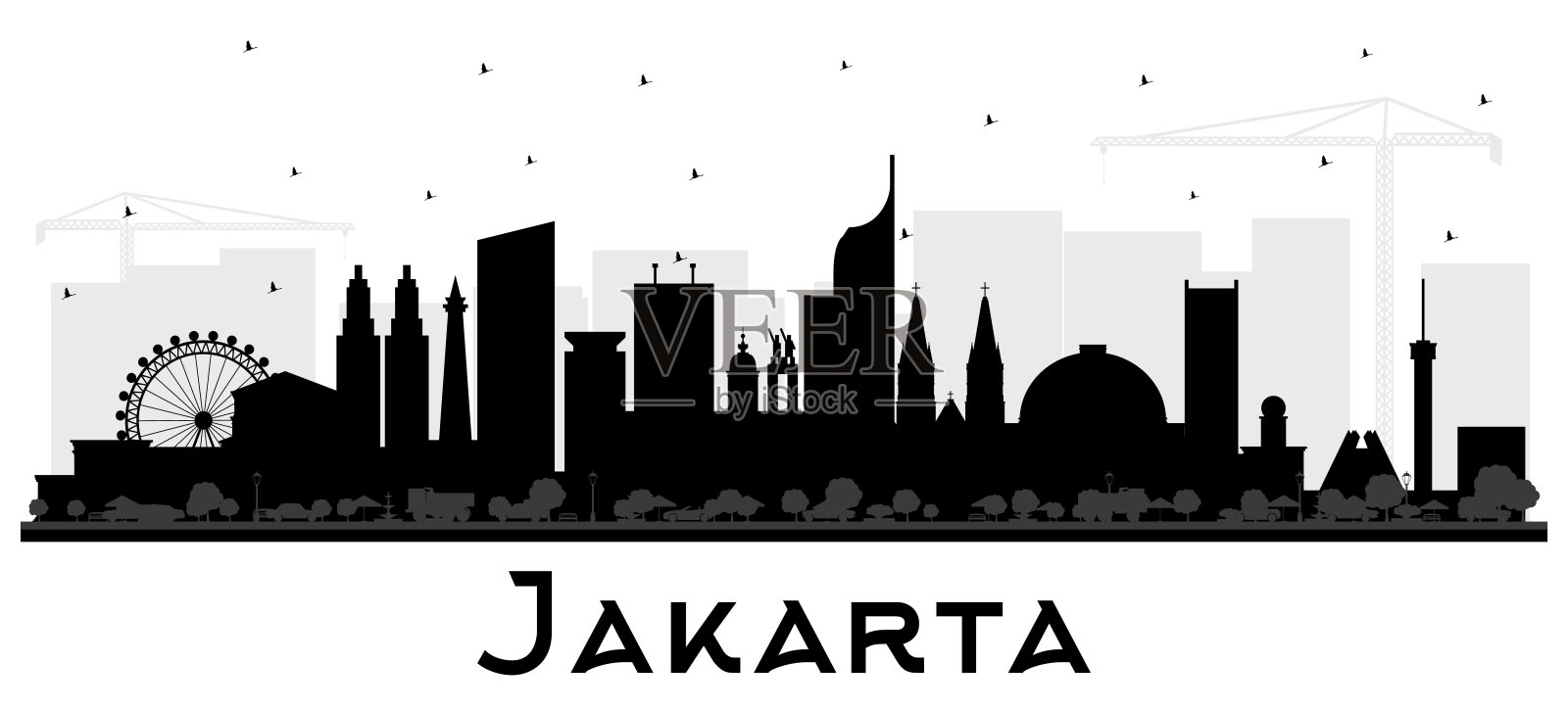 雅加达印度尼西亚城市天际线轮廓与黑色建筑孤立在白色。设计元素图片