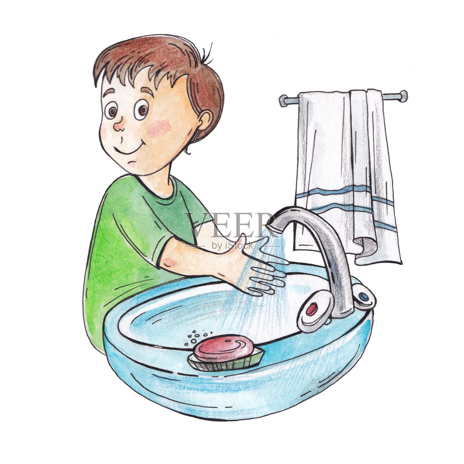 一个男孩在洗手，画着洗手的好处插画图片素材