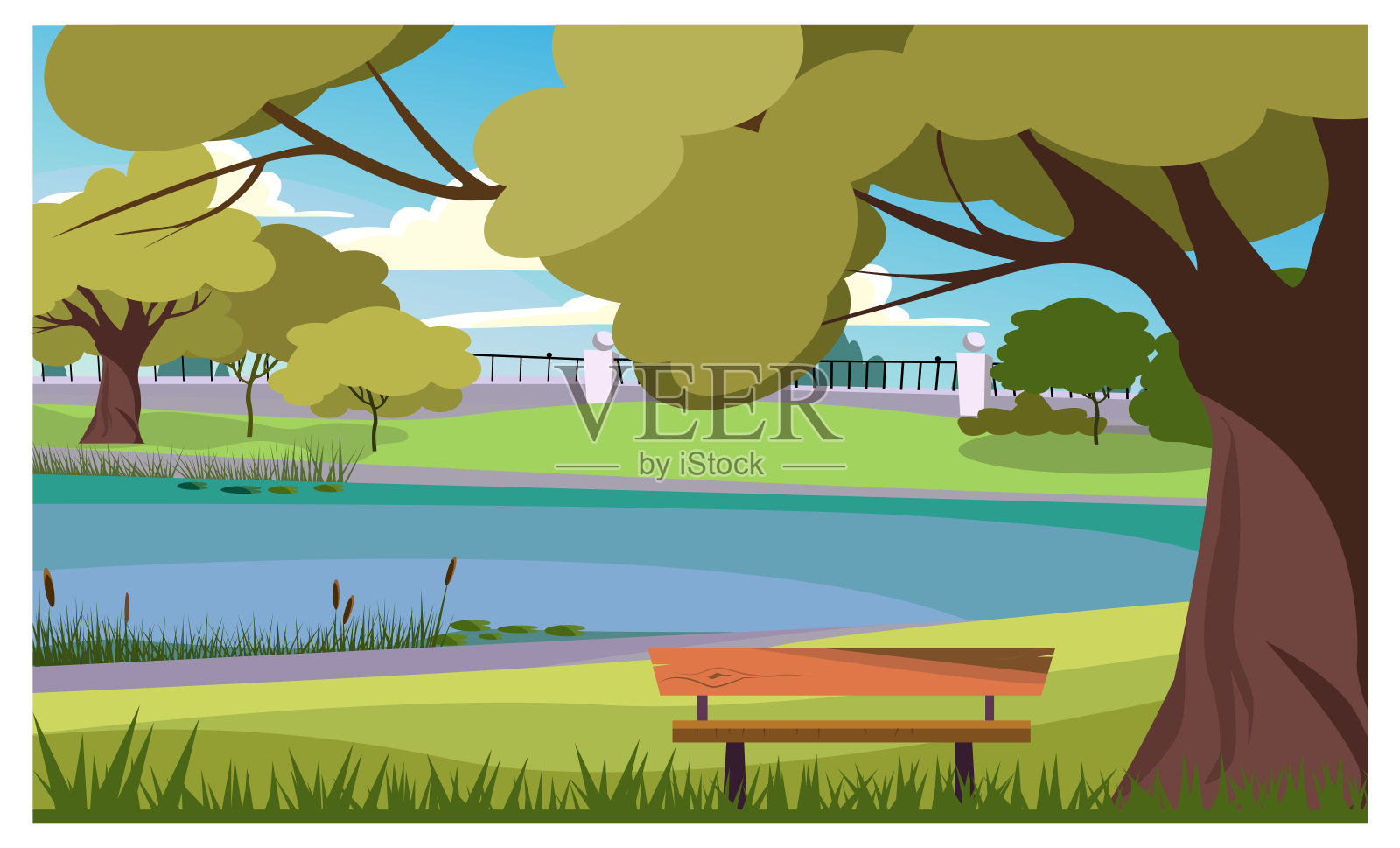 宁静的公园与木凳在湖插图插画图片素材