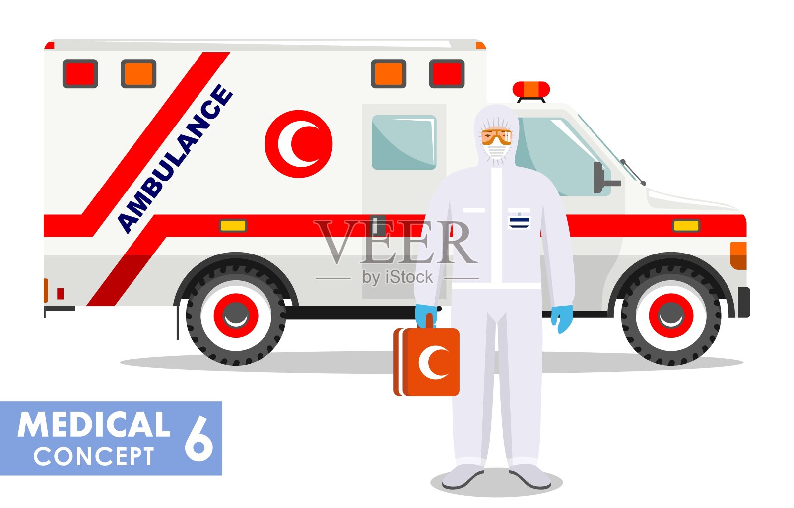 医学概念。详细说明的穆斯林阿拉伯急诊医生在防护服和面罩附近救护车在平风格的背景。病毒感染流行病隔离向量。设计元素图片