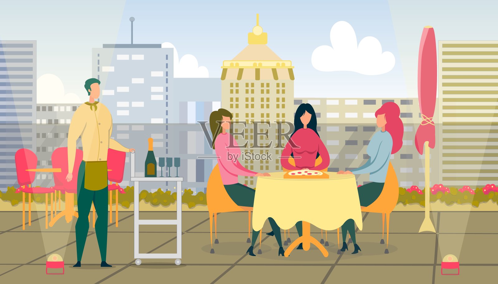 在咖啡馆或屋顶上的餐厅用餐的女人。插画图片素材